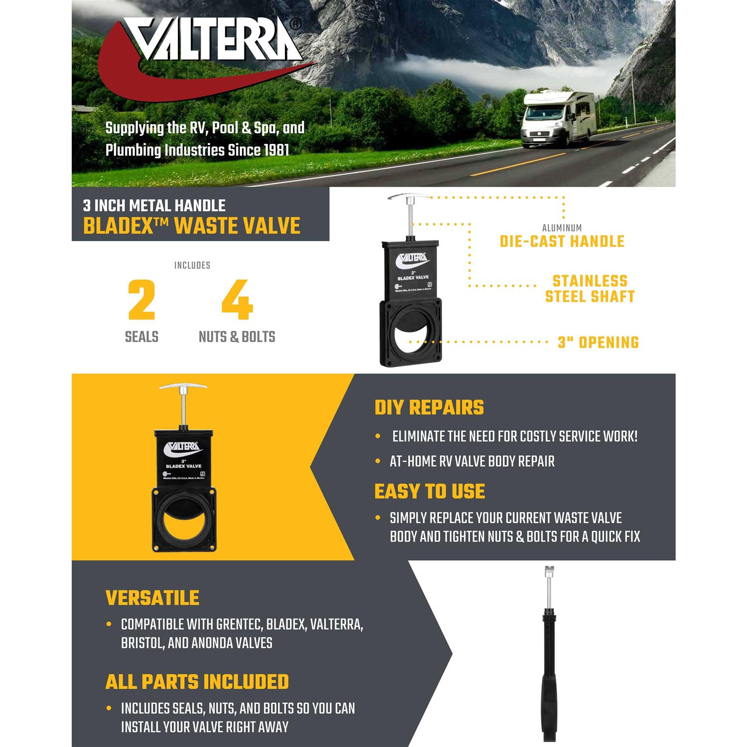 Valterra T1001VPM Bladex Waste Valve with Metal Handle - MT - Mrs Treak