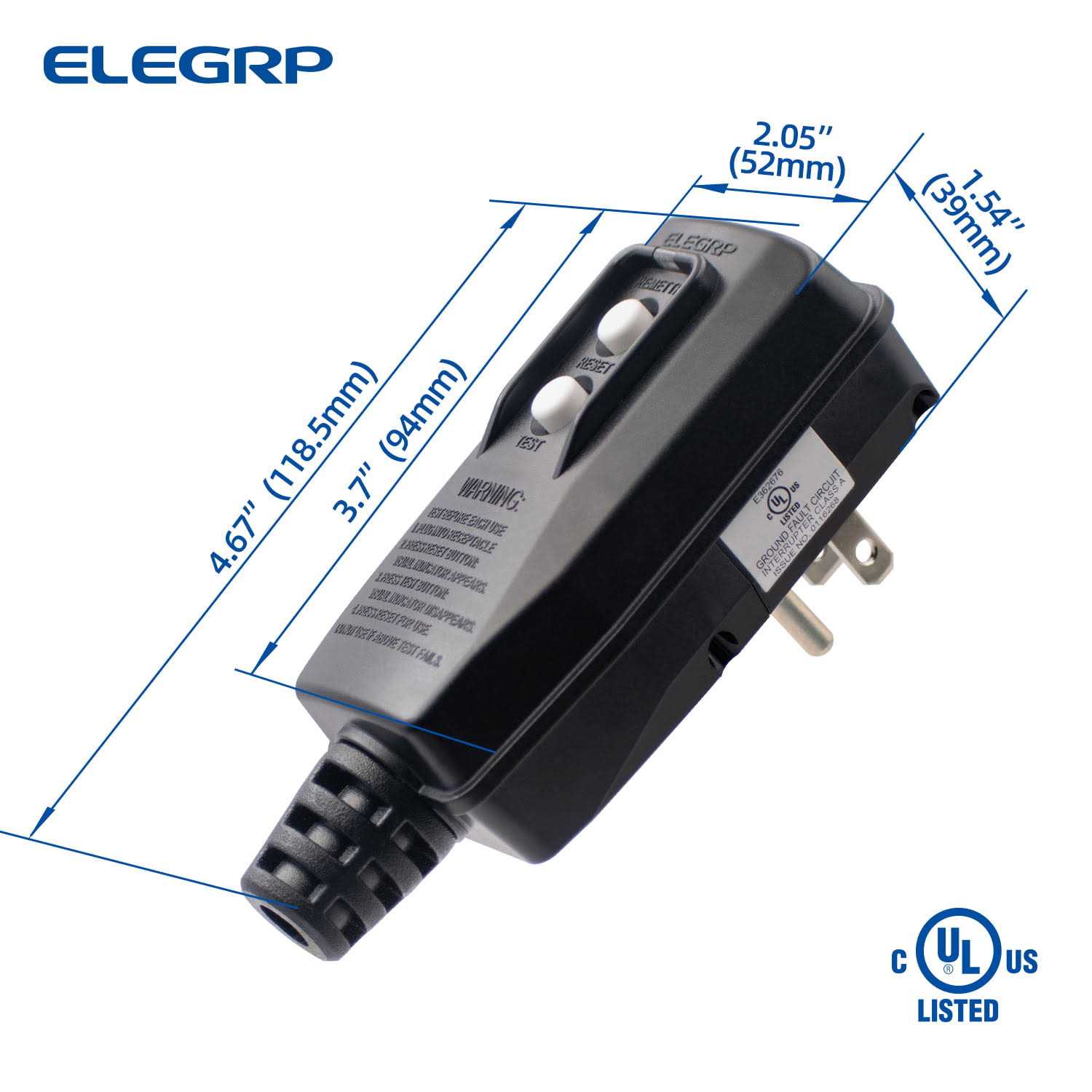 ELEGRP 4.67 in. 15 Amp Auto Reset 3 Prong Portable GFCI Replacement Right Angle Plug Assembly - MT - Mrs Treak