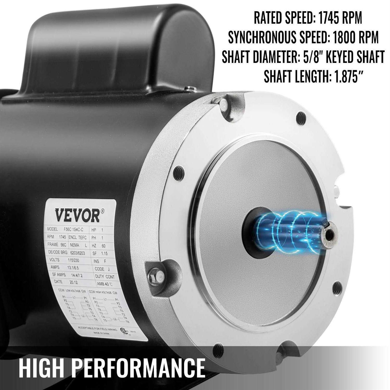 VEVOR 1Hp Electric Motor 120156C Single Phase 56C Frame TEFC 115230V 3600RPM JLDJ120156C360001V6 - MT - Mrs Treak