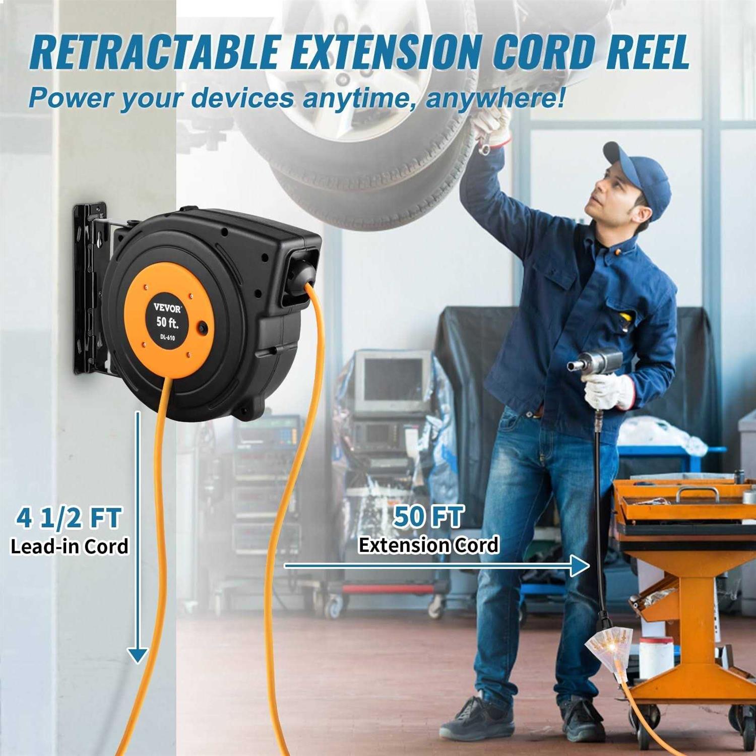 VEVOR Retractable Extension Cord Reel Heavy Duty 3C SJTOW Power Cord - MT - Mrs Treak
