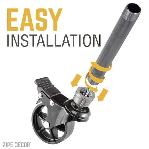 PIPE DECOR Black Malleable Iron Cap Fitting with 3 in. Caster Wheel for Pipe Furniture - MT - Mrs Treak