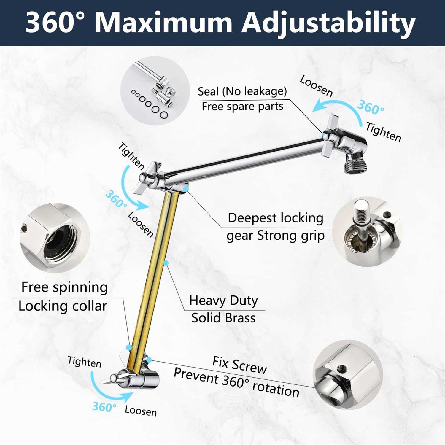 PDPBath Brass 16 Inch Shower Head Extension Arm Upgrade Flexible Height & Angle Adjustable Shower Arm Extender with Lock Joints - MT - Mrs Treak