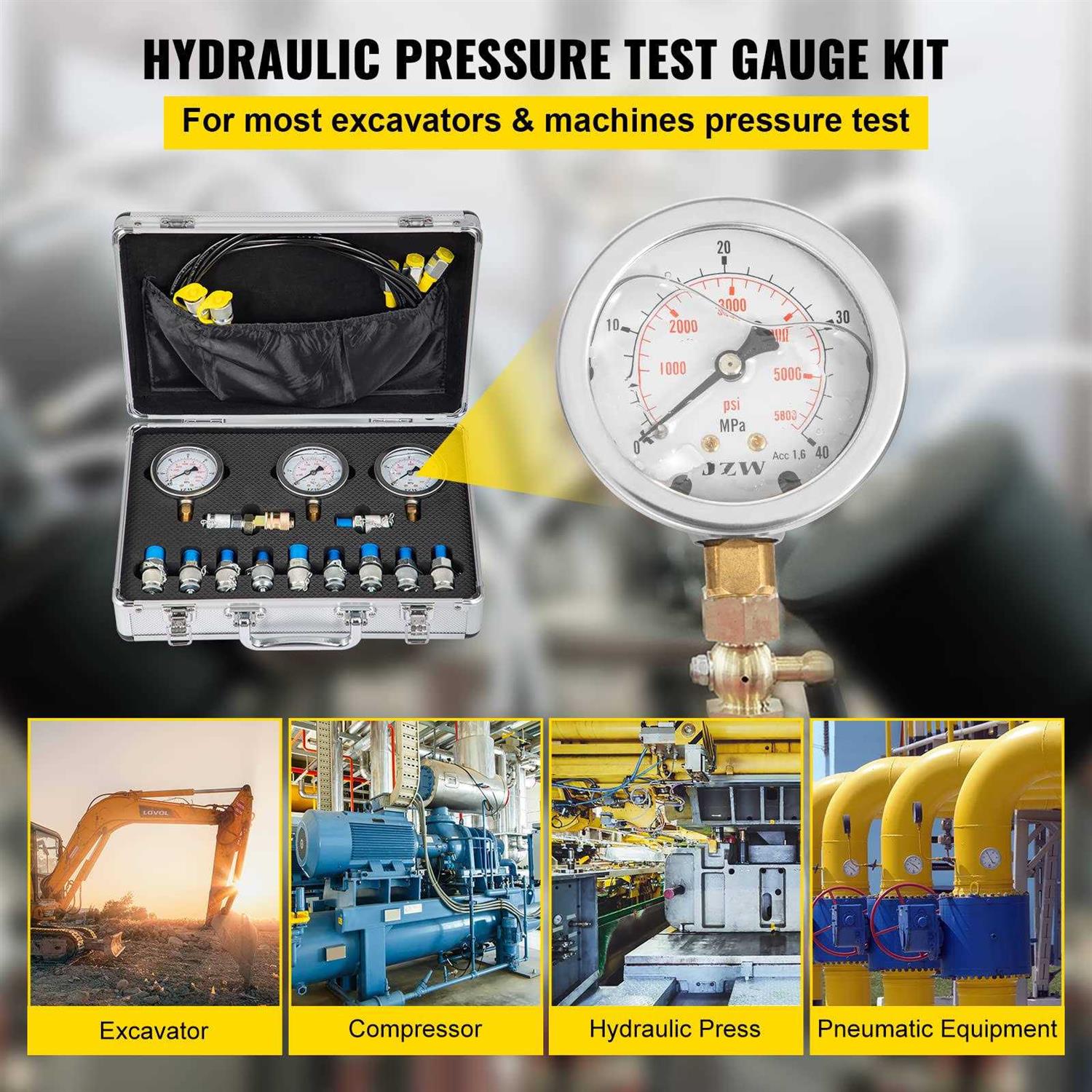 VEVOR Hydraulic Pressure Test Kit 10/100/250/400/600bar 5 Gauges 13 Test Couplings 14 Tee Connectors 5 Test Hoses - MT - Mrs Treak