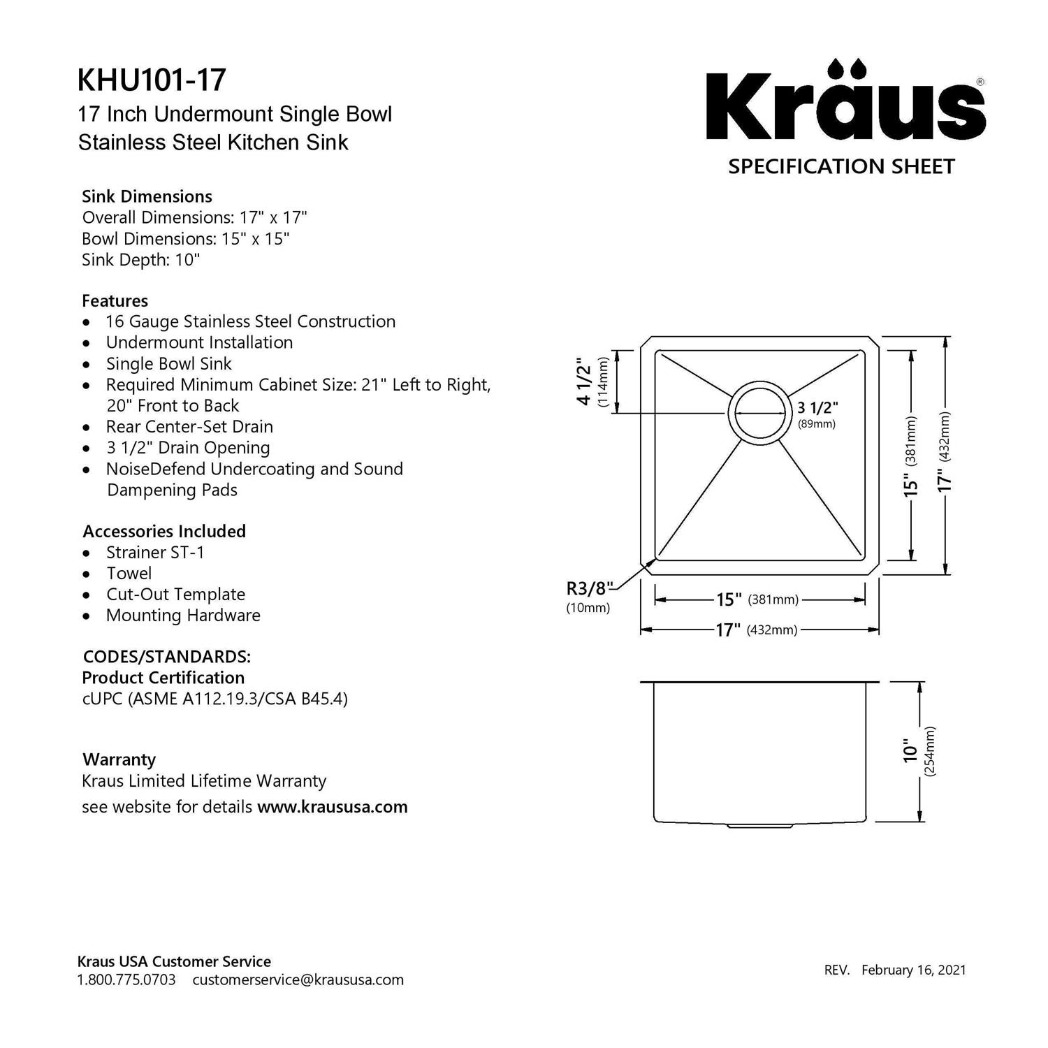Kraus KHU101-13 Standart PRO Undermount 16 Gauge Stainless Steel Single Bowl Bar Prep Kitchen Sink - MT - Mrs Treak