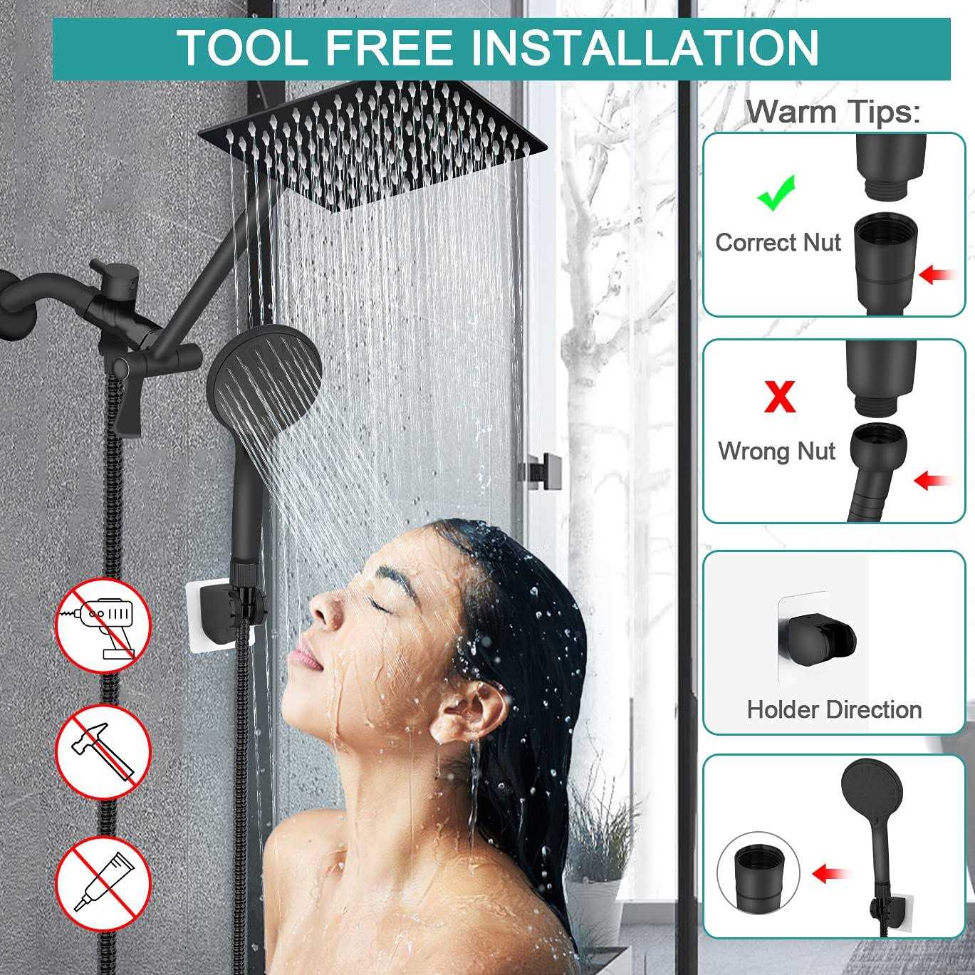 Tudoccy Shower Head 10‘’ High Pressure Rainfall Shower Head/Handheld Shower Combo with 11” Extension Arm - MT - Mrs Treak