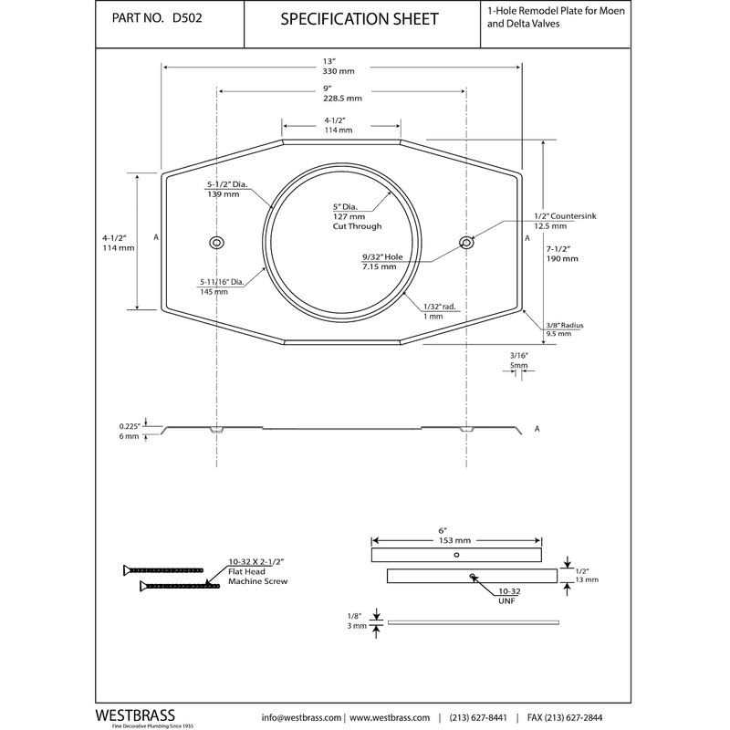 Westbrass Floating No-Hole Overflow Faceplate D980R-26 - MT - Mrs Treak
