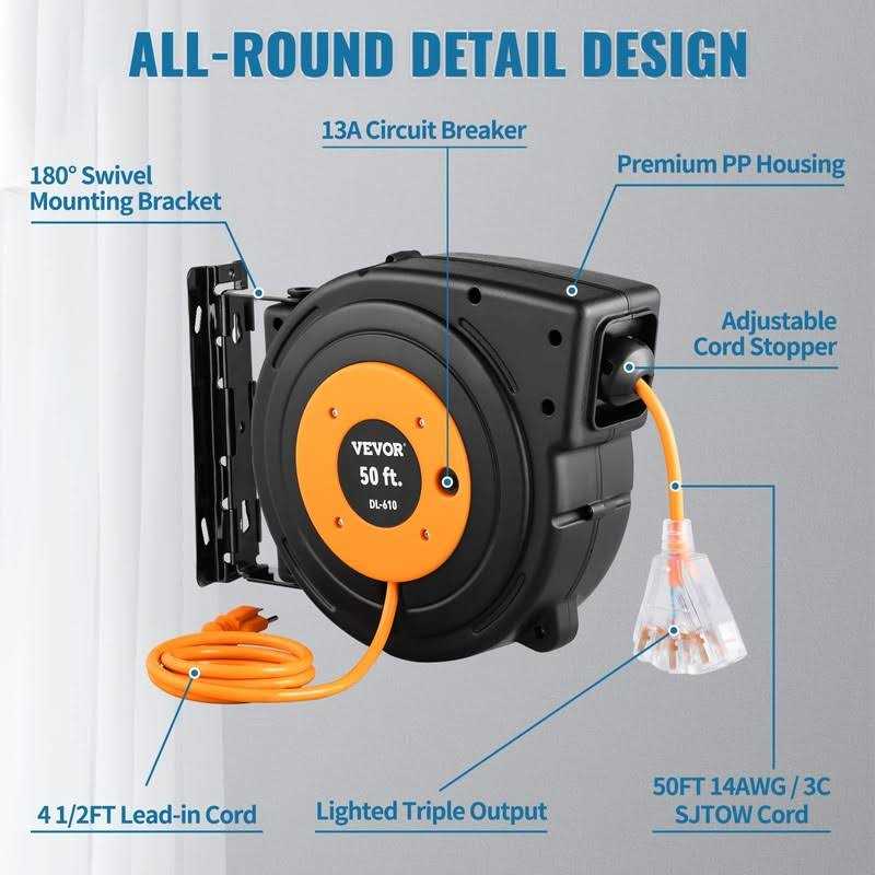 VEVOR Retractable Extension Cord Reel Heavy Duty 3C SJTOW Power Cord - MT - Mrs Treak