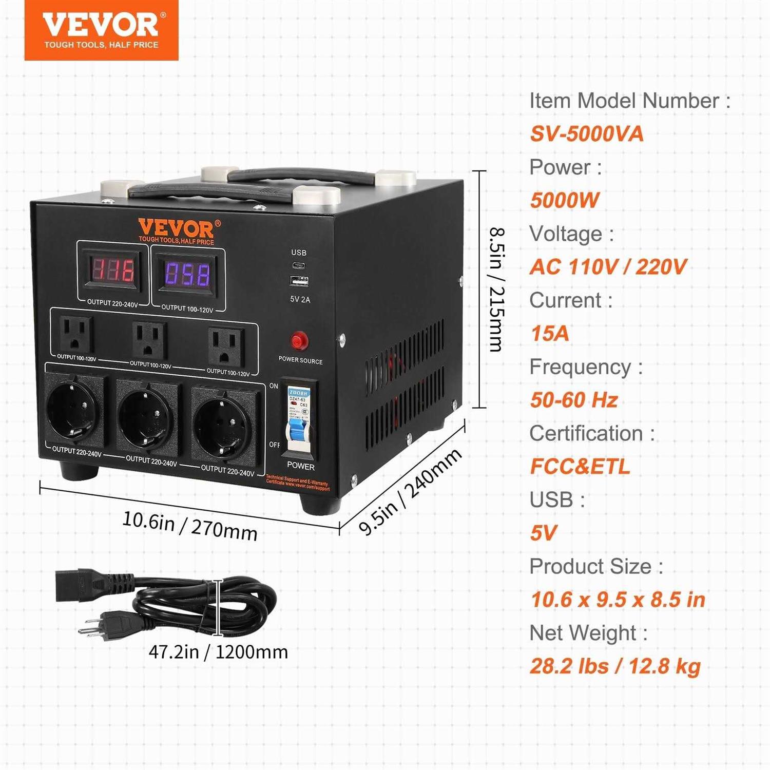 VEVOR Voltage Converter Transformer Heavy Duty Step Up/Down Transformer Convert from 110 Volt to 220 Volt and from 220 Volt to 110 Volt - MT - Mrs Treak