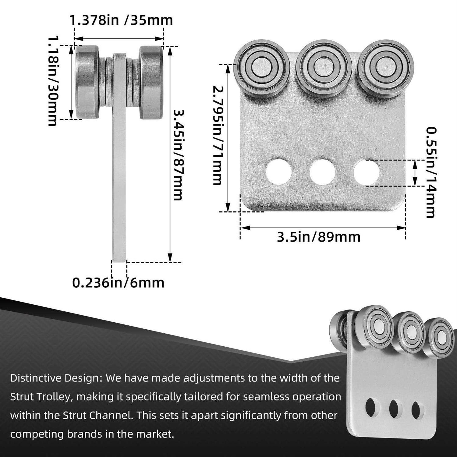 SKTREX 2pcs 4 Wheel Trolley Assembly Rollers Four Bearing Trolley Assembly for 1-58 Wide and All 1-58 or Taller Strut Channel - MT - Mrs Treak