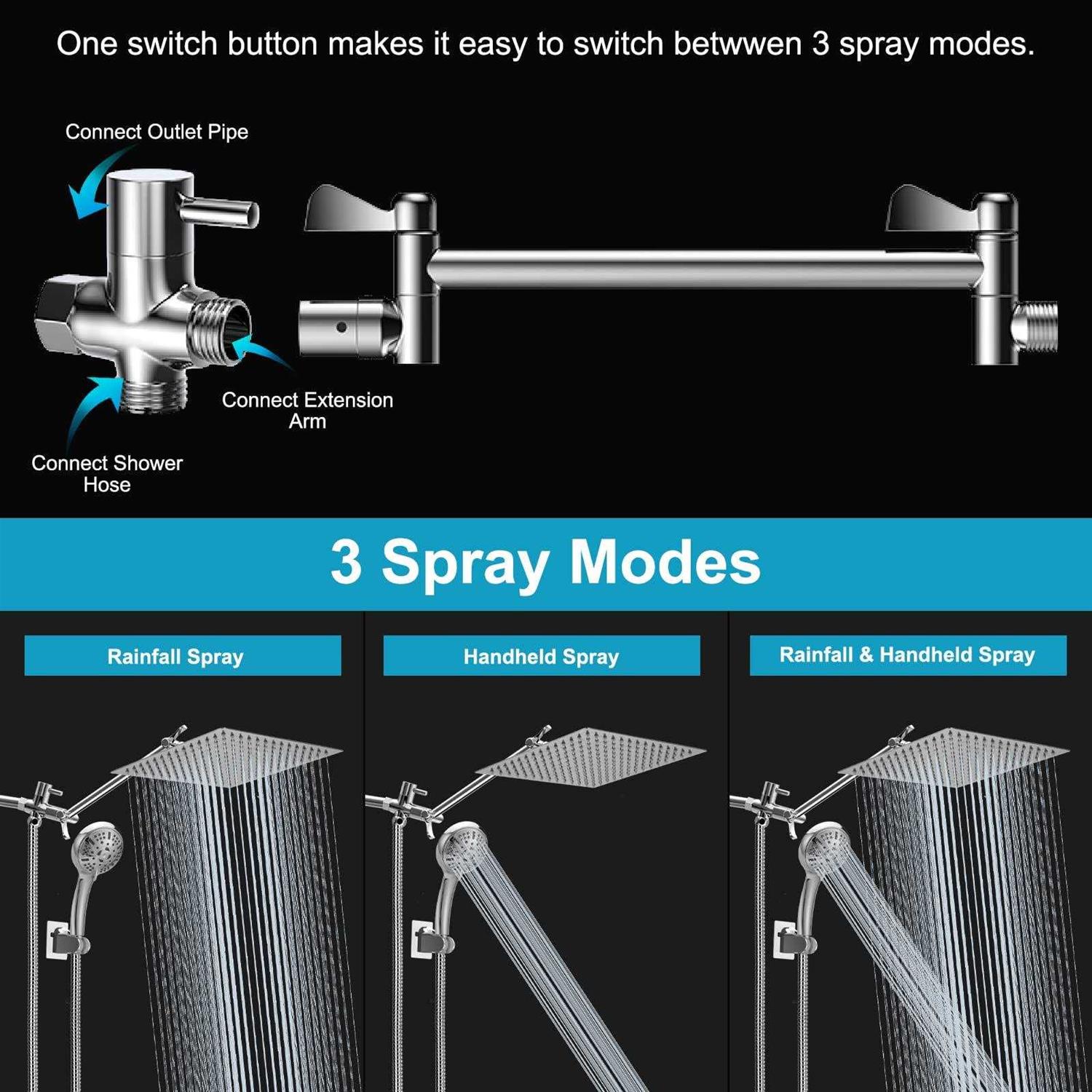 Tomler High Pressure Rain Shower Head Shower Head with 11 Inch Extension Arm - MT - Mrs Treak