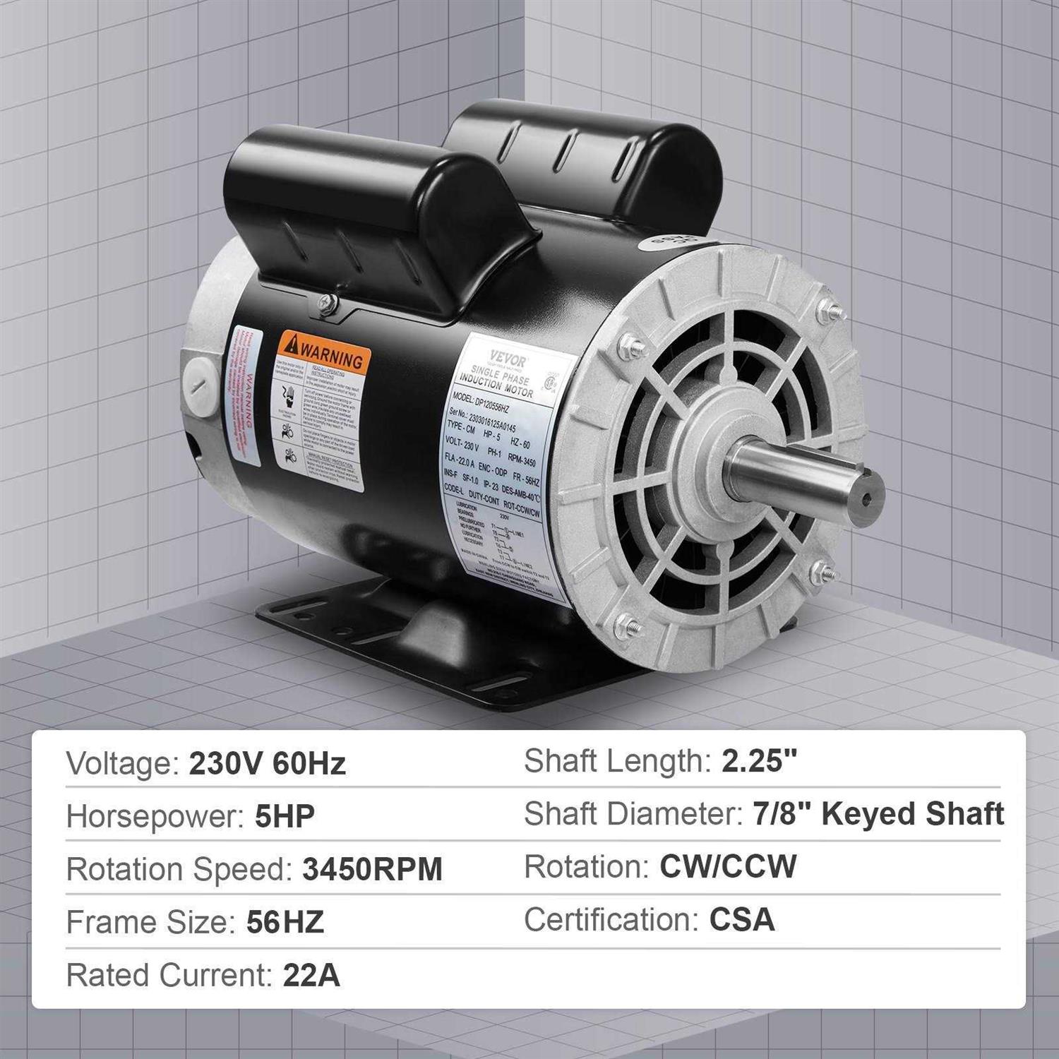 VEVOR 5HP Air Compressor Motor Single Phase Electric Motor Keyed shaft 230V Frame CW/CCW Rotation DXKYJDJTODP5HWZ57V7 - MT - Mrs Treak