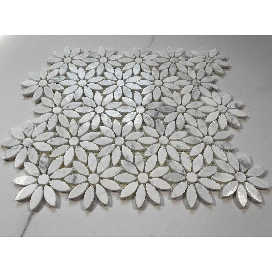 Marble Online Carrara Marble Ice Flower Blossom Gray Polished Waterjet Mosaic Tile - MT - Mrs Treak