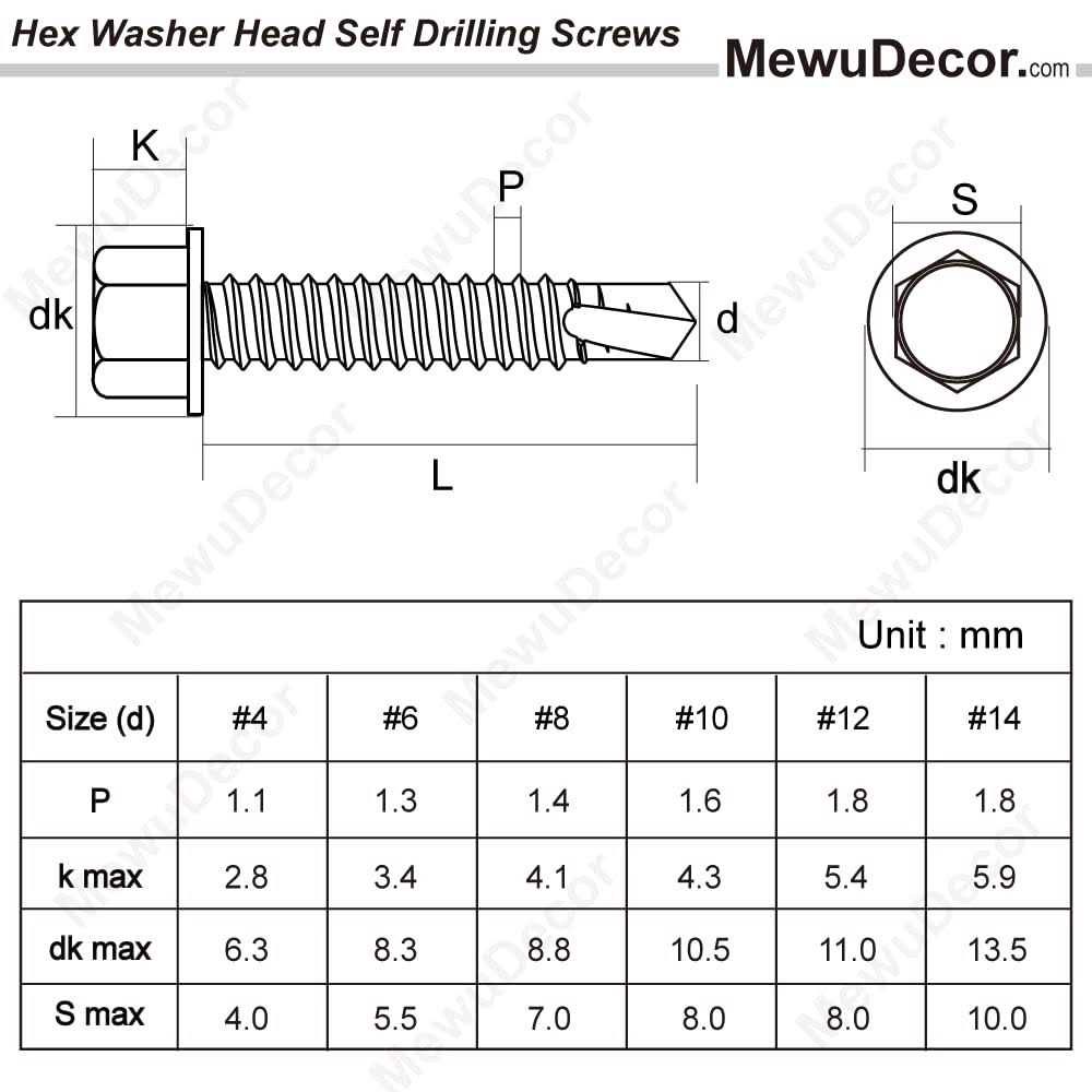 MewuDecor #14 x Hex Washer Head Self Drilling Sheet Metal Tek Screws with Drill Point - MT - Mrs Treak