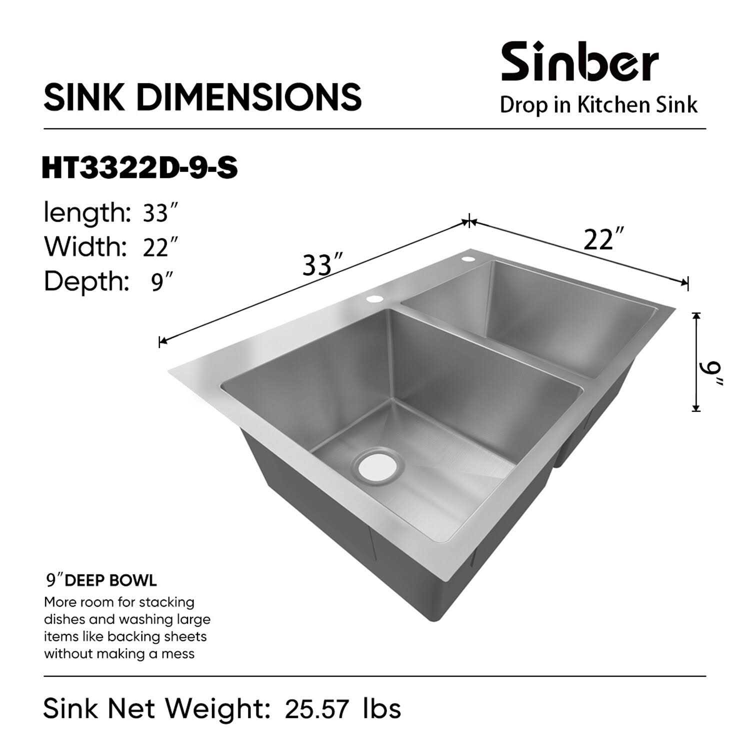Sinber 32 in. Undermount Double Bowl 18 Gauge Black 304 Stainless Steel Kitchen Sink - MT - Mrs Treak