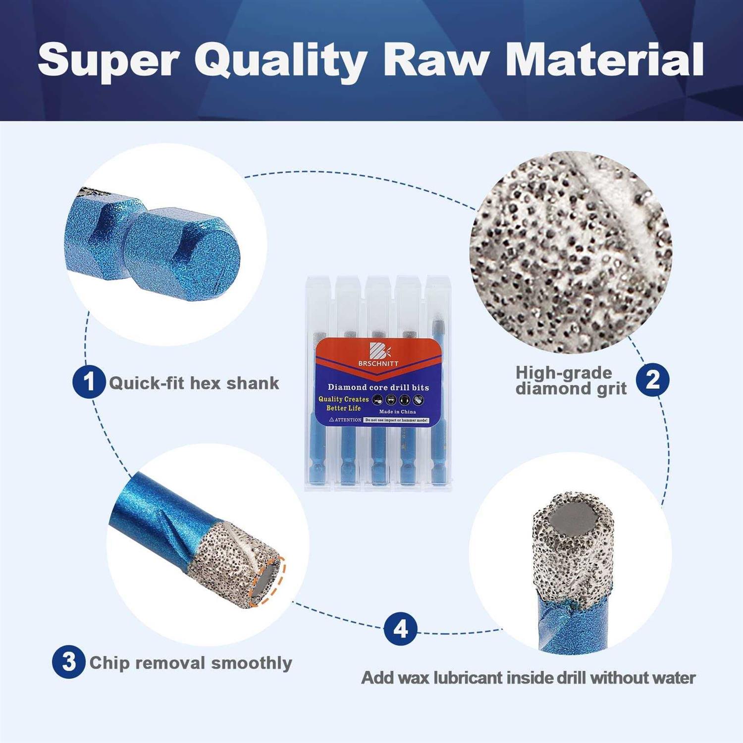 Diamond Drill Bit BRSCHNITT 1/4 1/4 Masonry Drill Bits Set for Porcelain Tile Ceramic Stone Granite Marble,Hex Shank Diamond Hole - MT - Mrs Treak