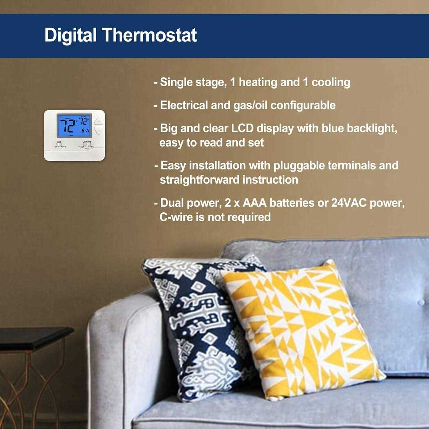 Electeck Digital Thermostat with Large LCD Display, Non-Programmable, Compatible with Single Stage Electrical and Gas/Oil System - MT - Mrs Treak