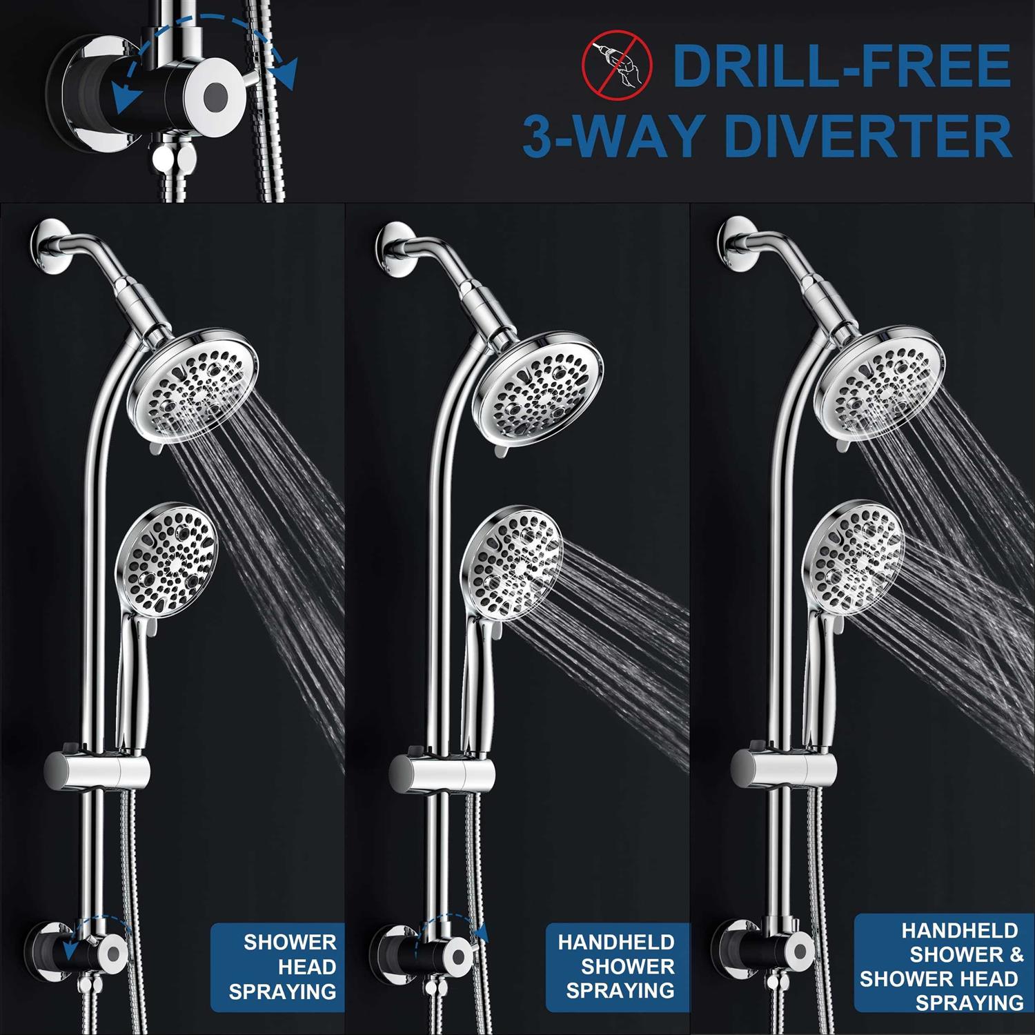 egretshower High Pressure Handheld/Rain 82-mode 3-way Shower Head Combo with 25.75 Adjustable Drill-free Stainless Steel Slide Bar - MT - Mrs Treak