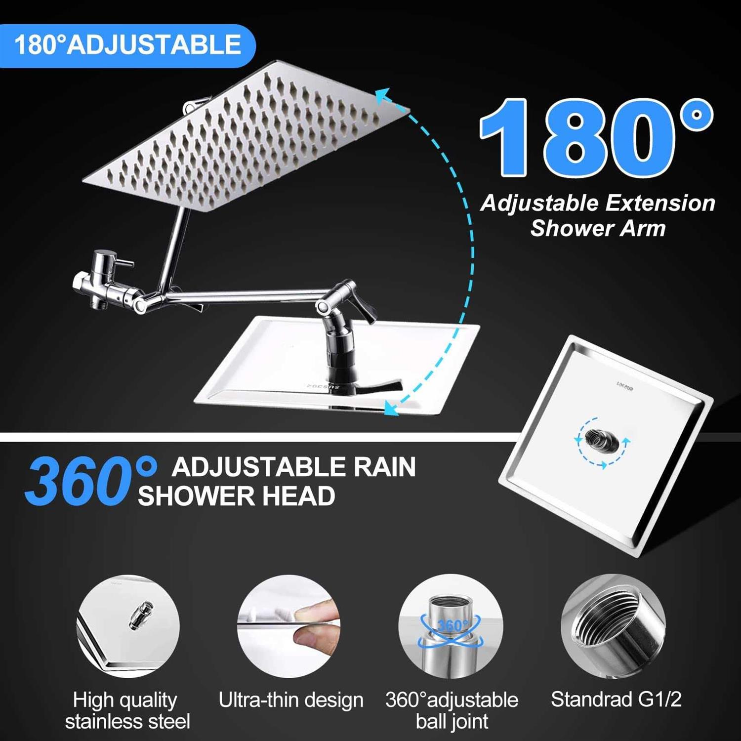 Tomler High Pressure Rain Shower Head Shower Head with 11 Inch Extension Arm - MT - Mrs Treak