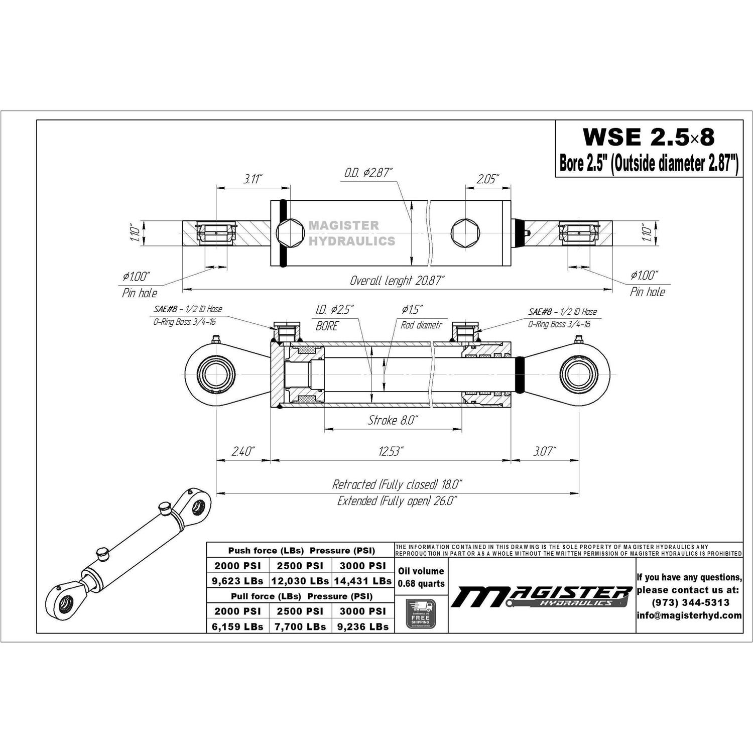 Magister Hydraulics 2.5 bore x stroke swivel eye Hydraulic Cylinder - MT - Mrs Treak
