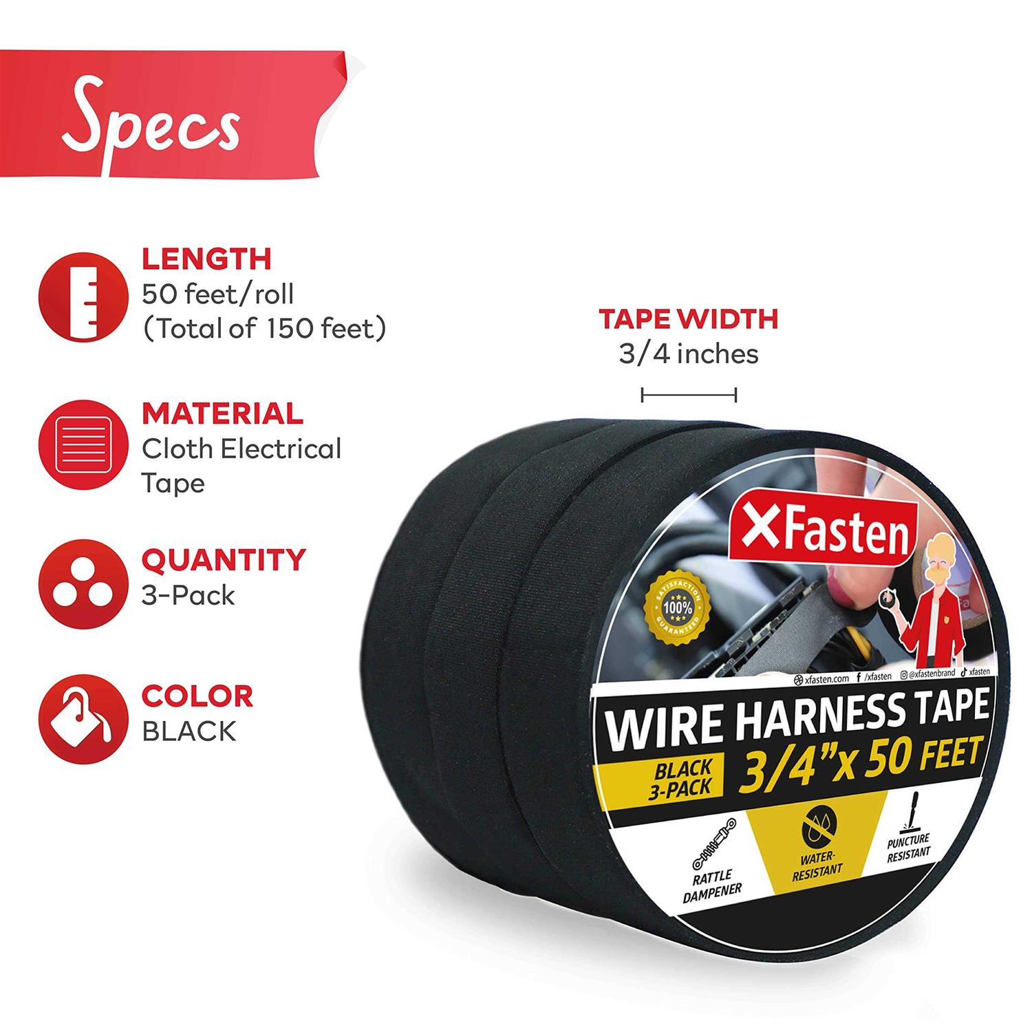 Xfasten Wire Harness Tape 3/4-inch High Temp Loom Harness Cloth Tape - Mrs Treak