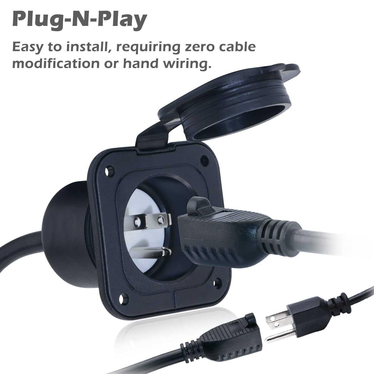 EilxMag 15 Amp RV Shore Power Inlet 125V Flanged Inlet Power Inlet Port Plug NEMA 5-15P RV Outlet with Integrated Dual 18 Cord - MT - Mrs Treak