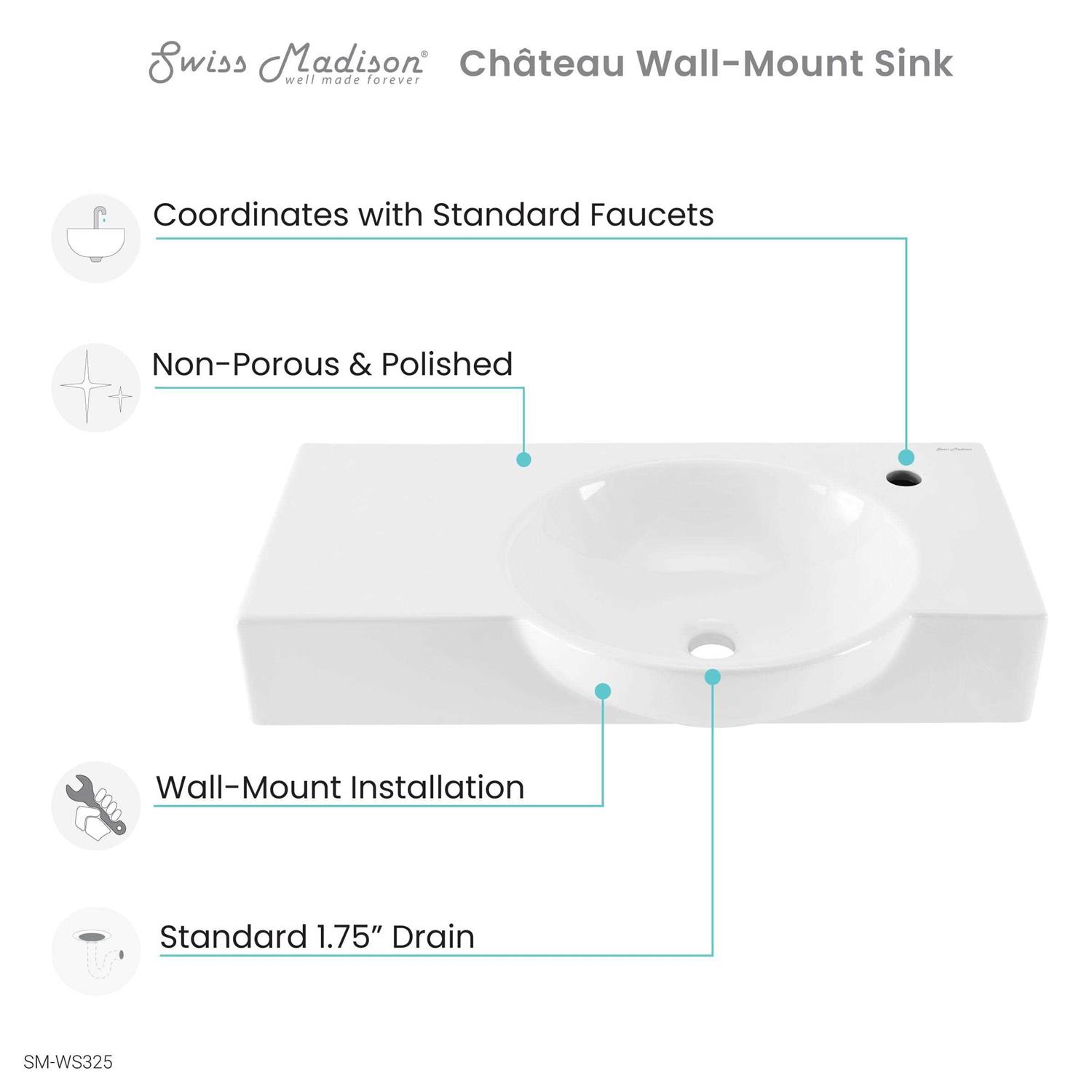 Swiss Madison Chateau 30 inch Left Side Faucet Wall-Mount Bathroom Sink SM-WS326 - MT - Mrs Treak