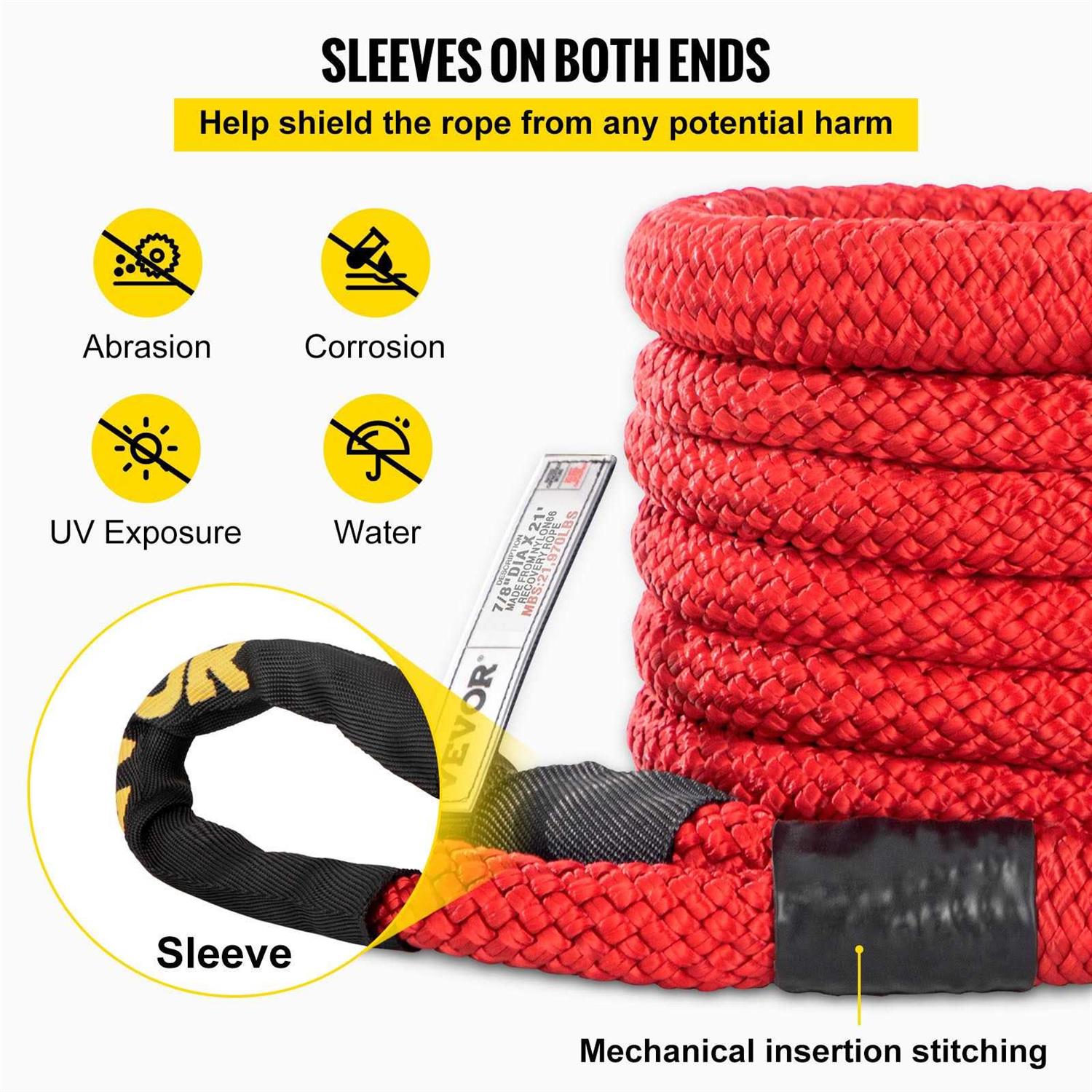 VEVOR 31.5′ Recovery Tow Rope Heavy Duty Nylon Double Braided Kinetic Energy Rope w/Loops and Protective Sleeves - MT - Mrs Treak