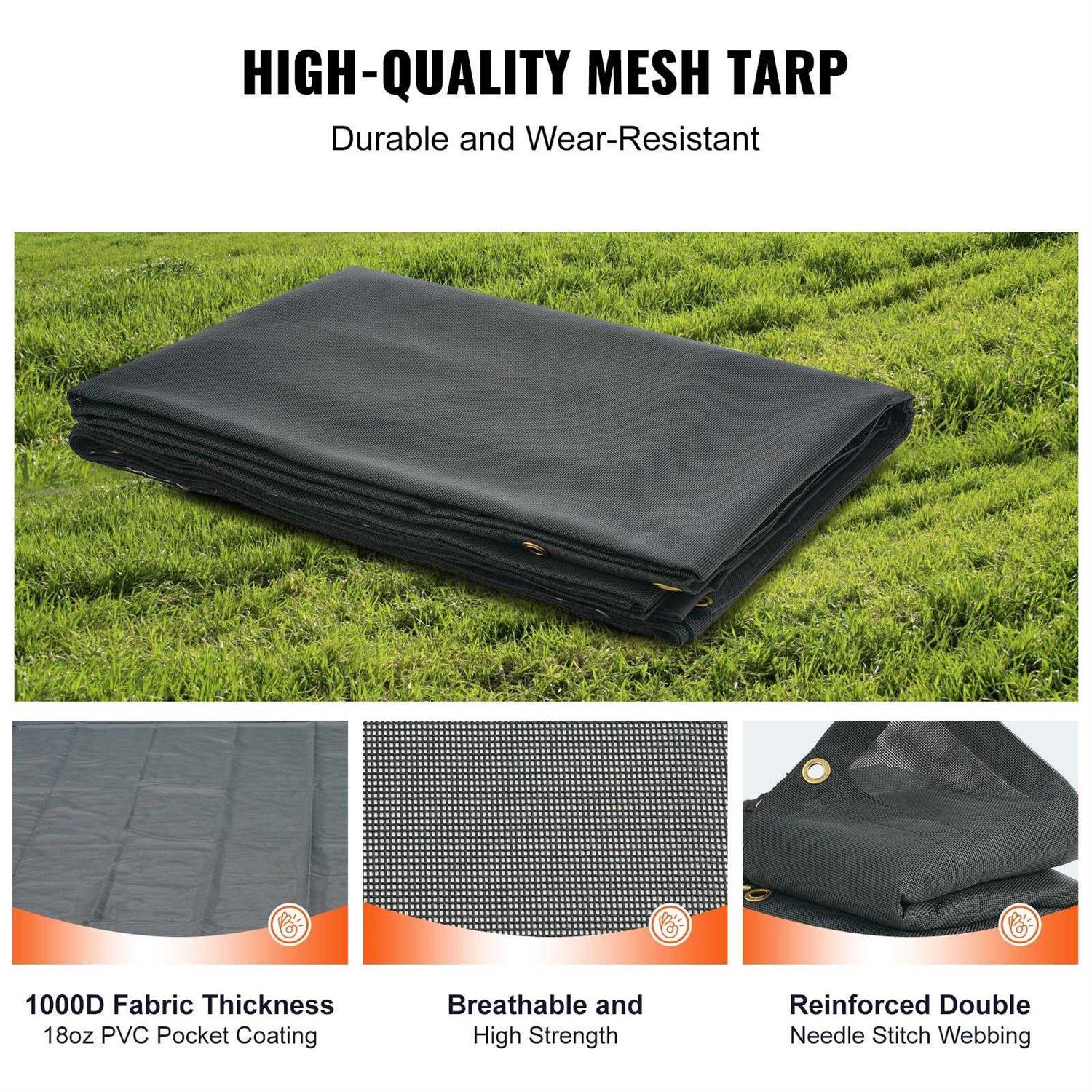 VEVOR Dump Truck Mesh Tarp PVC Coated Black Heavy Duty Cover with 5.5 18oz Double Pocket - MT - Mrs Treak