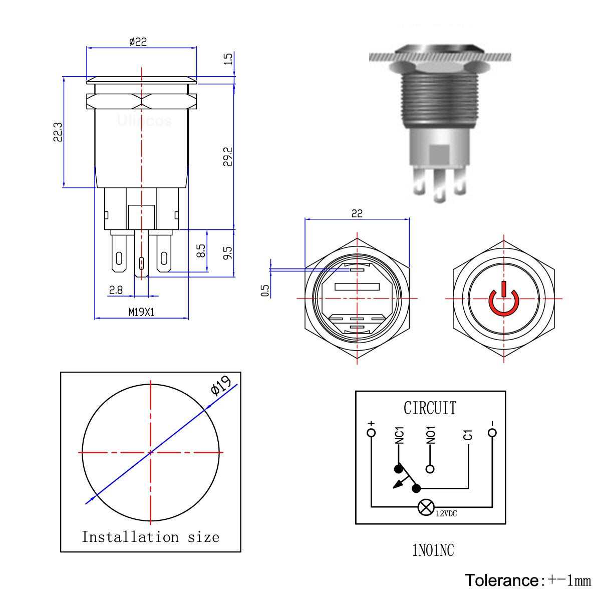 Ulincos Latching Pushbutton Switch U19C1 1NO1NC SPDT ON/Off Black Metal Shell - MT - Mrs Treak