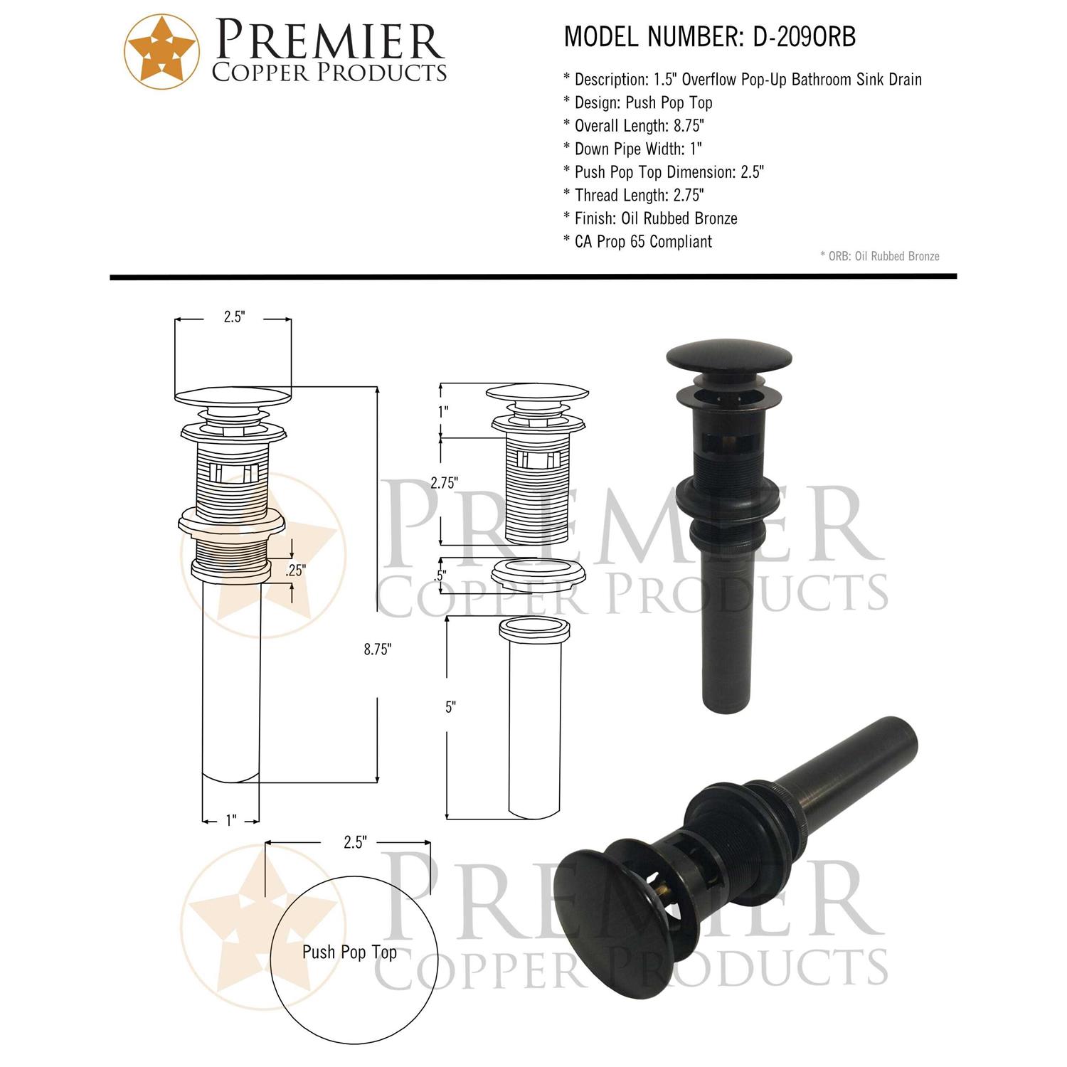 Premier Copper Products D-208PB 1.5 Non-Overflow Pop-up Bathroom Sink Drain - MT - Mrs Treak