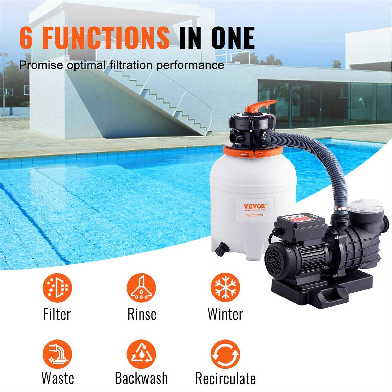 VEVOR Sand Filter Pump GPH Swimming Pool Pump Filter Set with 6-Way Multi-Port Valve Pool - MT - Mrs Treak