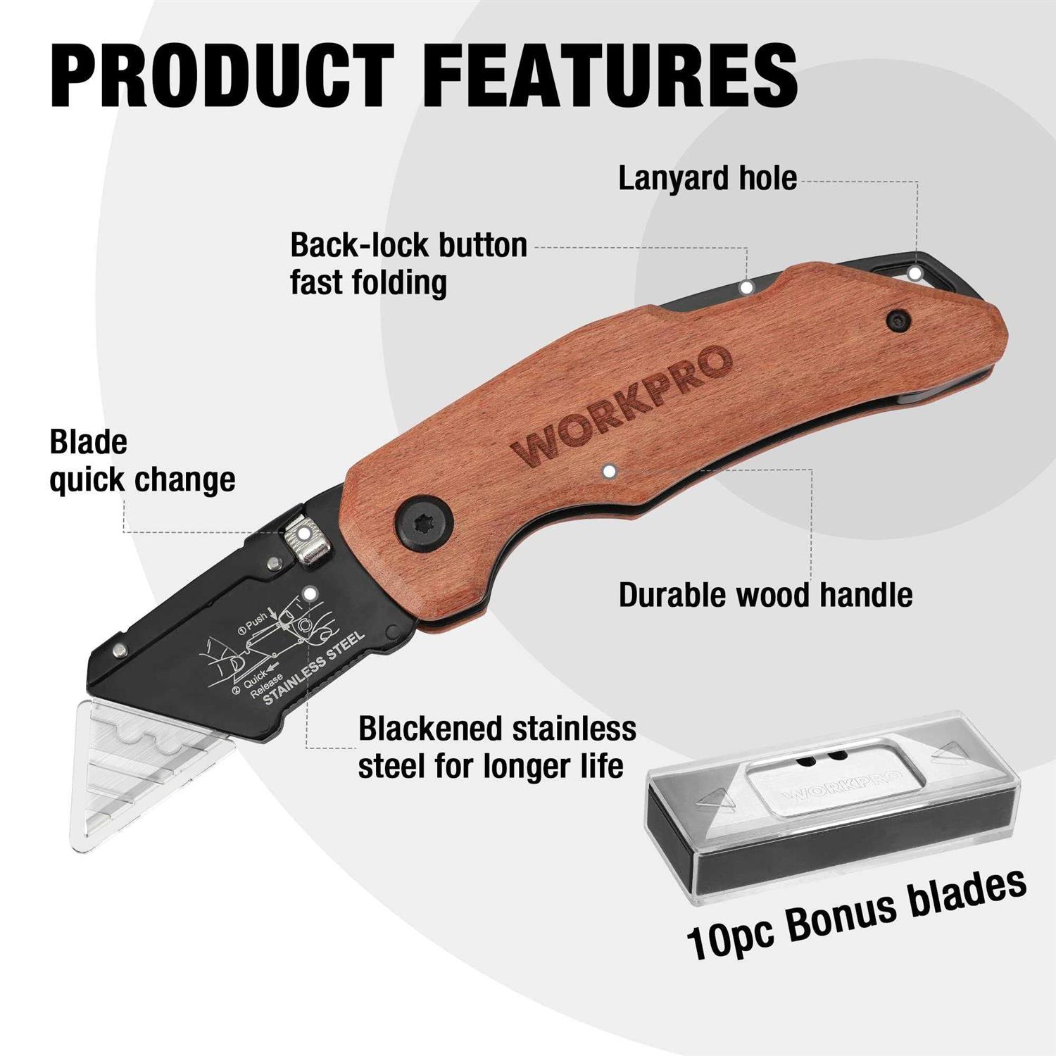WORKPRO Folding Utility Knife Quick Change Box Cutter Razor Knife for Cartons - Mrs Treak