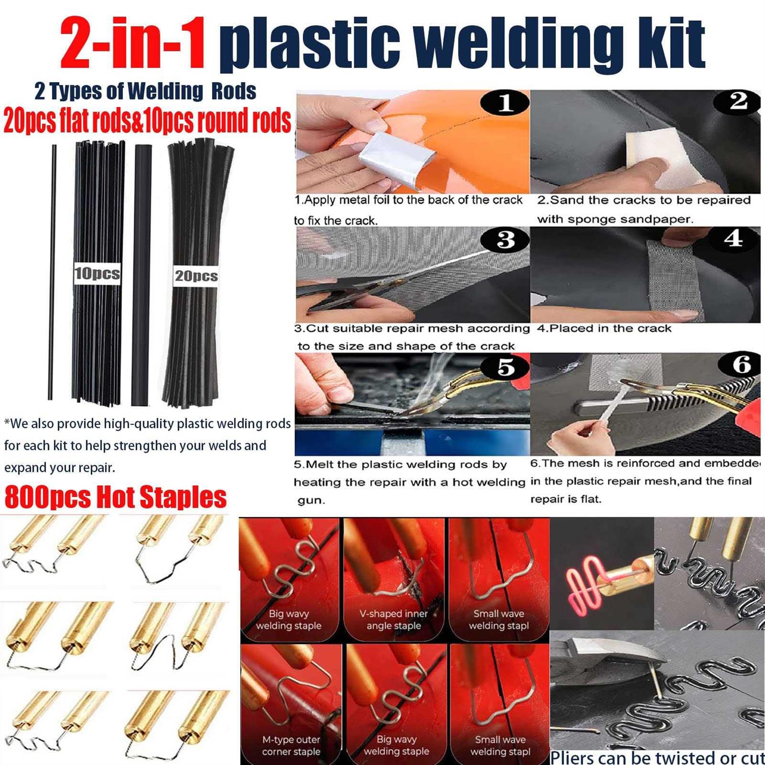 Upgraded 150W Plastic Welder Bumper Repair Kit,2-in-1 Plastic Welding Kit 800PCS Hot Staples & 30pcs Plastic Welding Rods,Hot Stapler Plastic Repair - MT - Mrs Treak