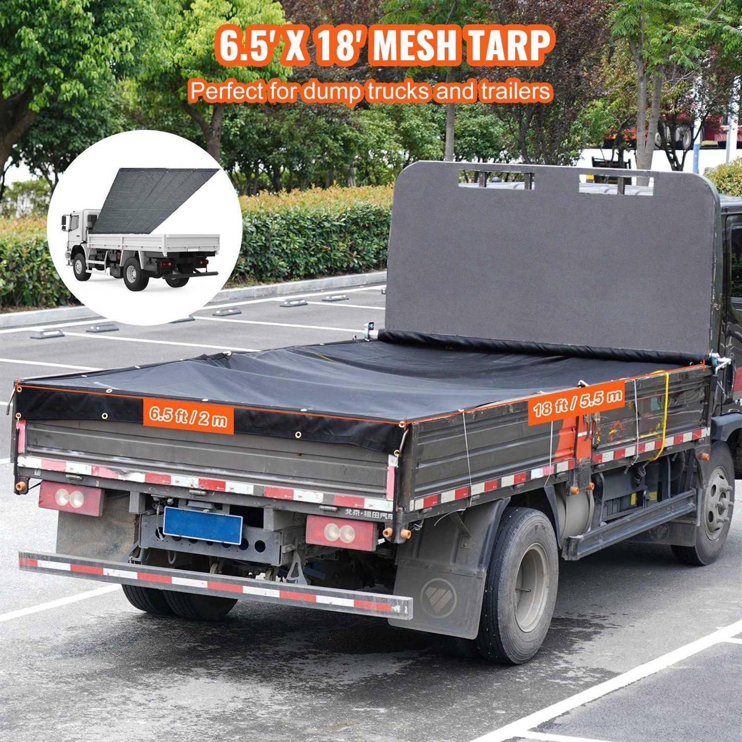 VEVOR Dump Truck Mesh Tarp PVC Coated Black Heavy Duty Cover with 5.5 18oz Double Pocket - MT - Mrs Treak