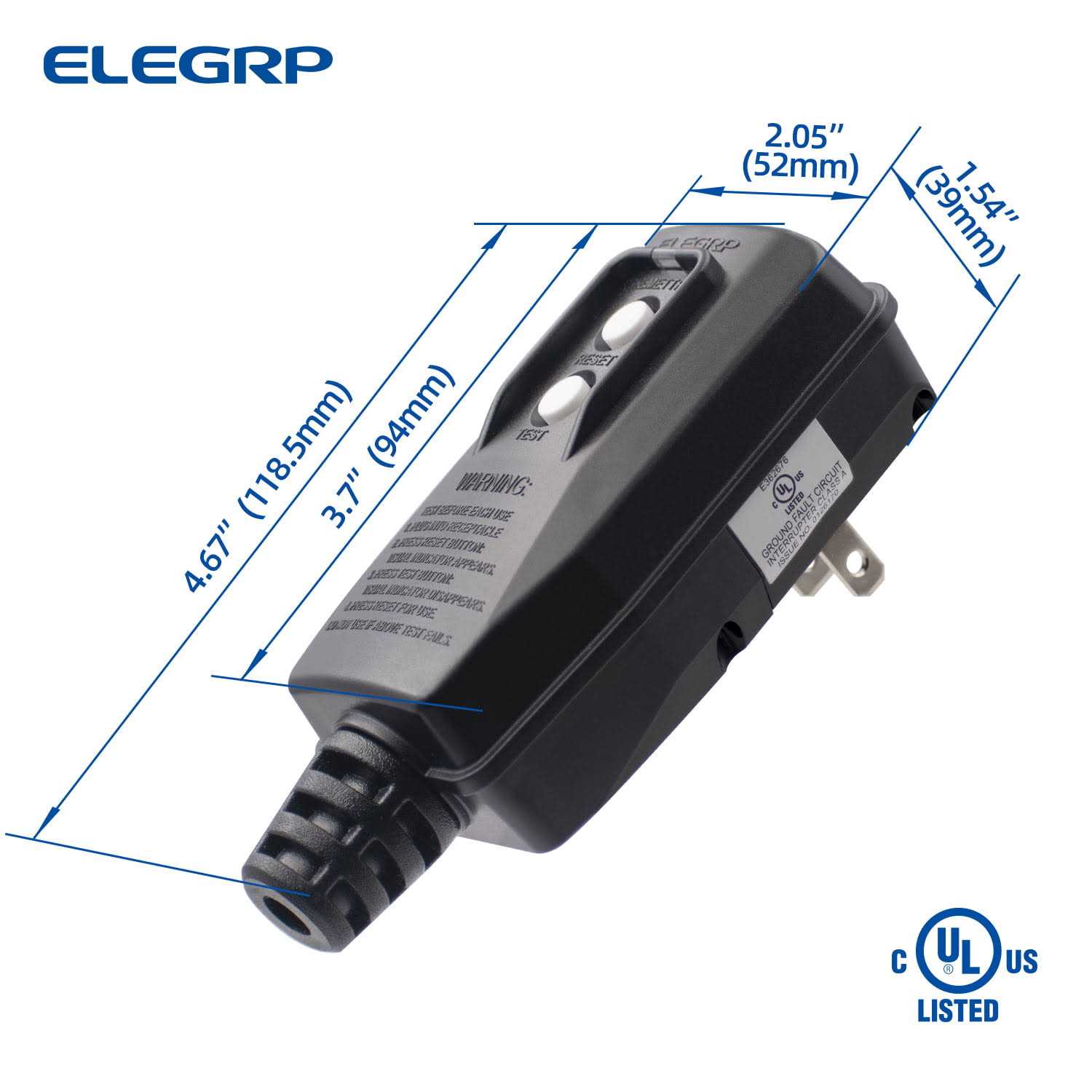 ELEGRP 4.67 in. 15 Amp Auto Reset 3 Prong Portable GFCI Replacement Right Angle Plug Assembly - MT - Mrs Treak