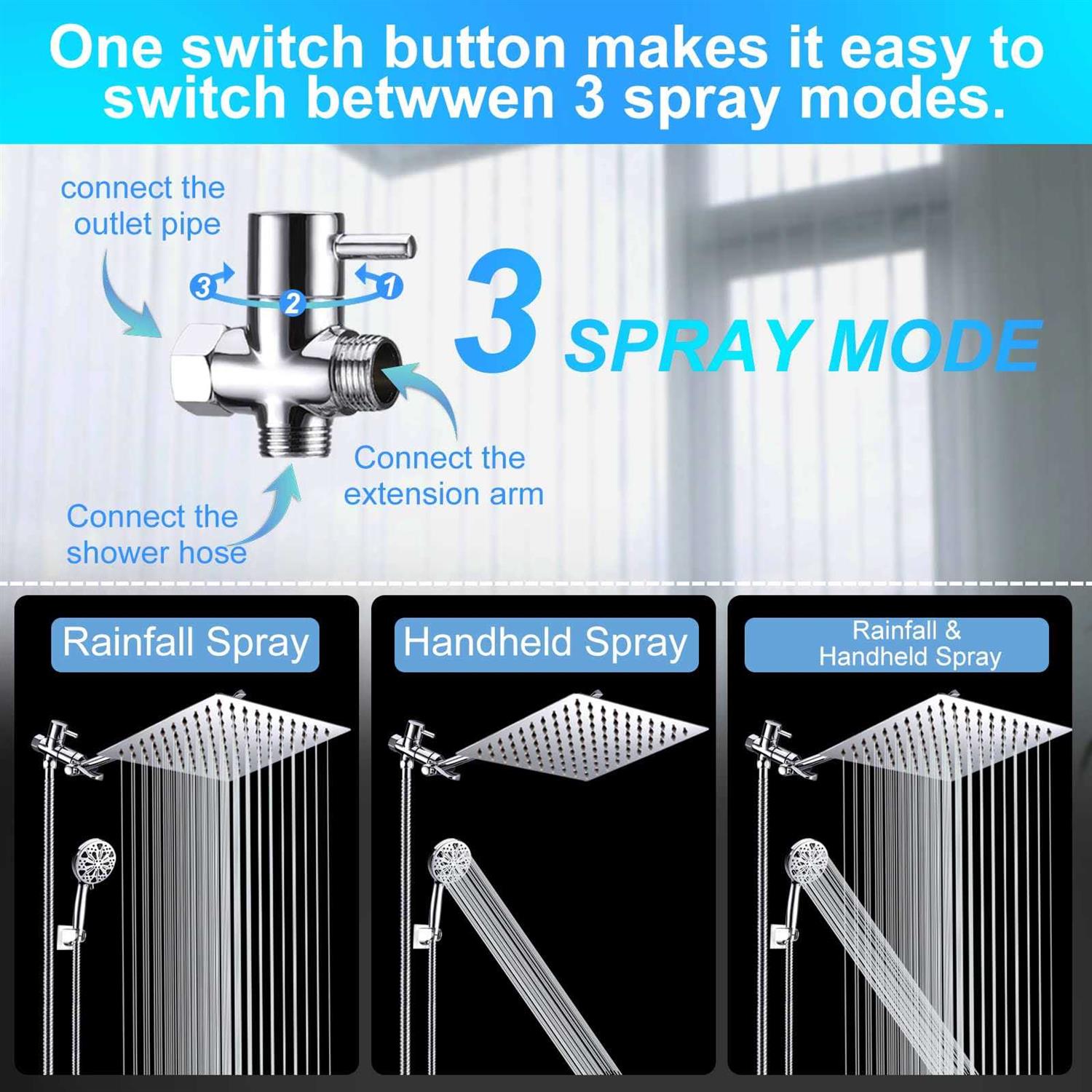 Tomler High Pressure Rain Shower Head Shower Head with 11 Inch Extension Arm - MT - Mrs Treak