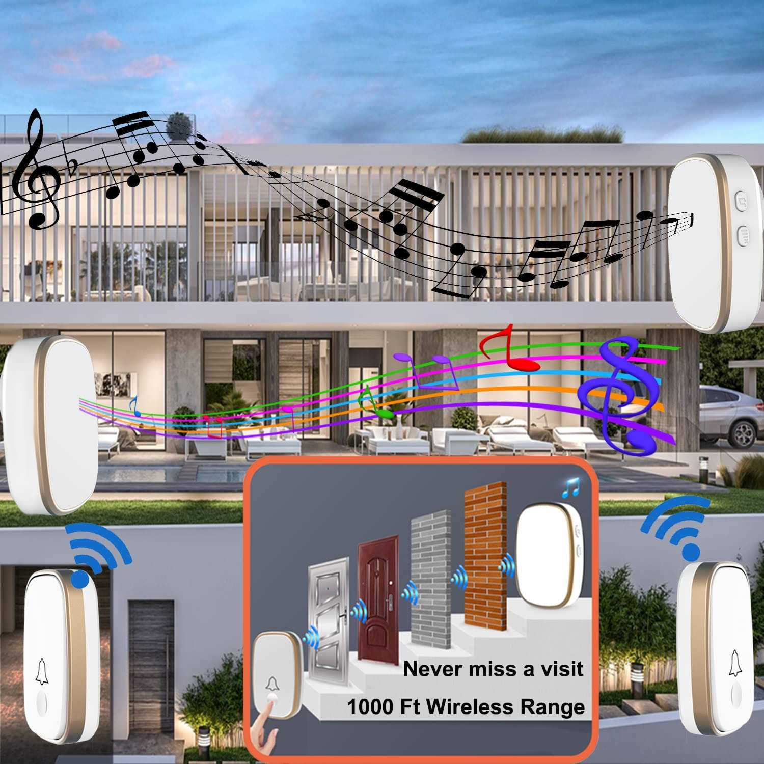 Wireless Doorbell, Door Bell Chime Kit with 60 Melodies, 4 Levels of Volumes and LED Flash, Easy Setup for Home and Office - Mrs Treak