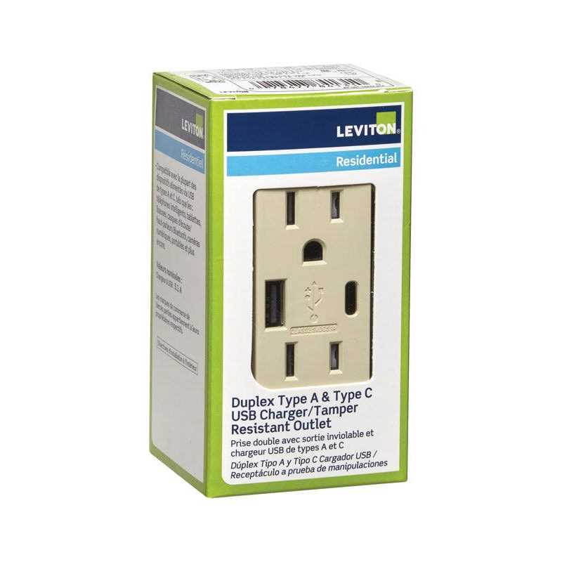 Leviton 15 Amp Decora Type A and C USB Charger Tamper-Resistant Outlet T5633-W - MT - Mrs Treak