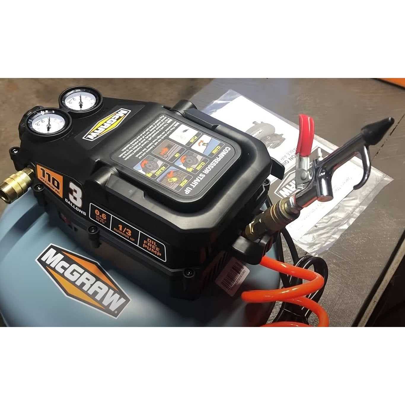 Mcgraw 3 Gallon 1/3 HP 110 PSI Oil-Free Hotdog Air Compressor - MT - Mrs Treak