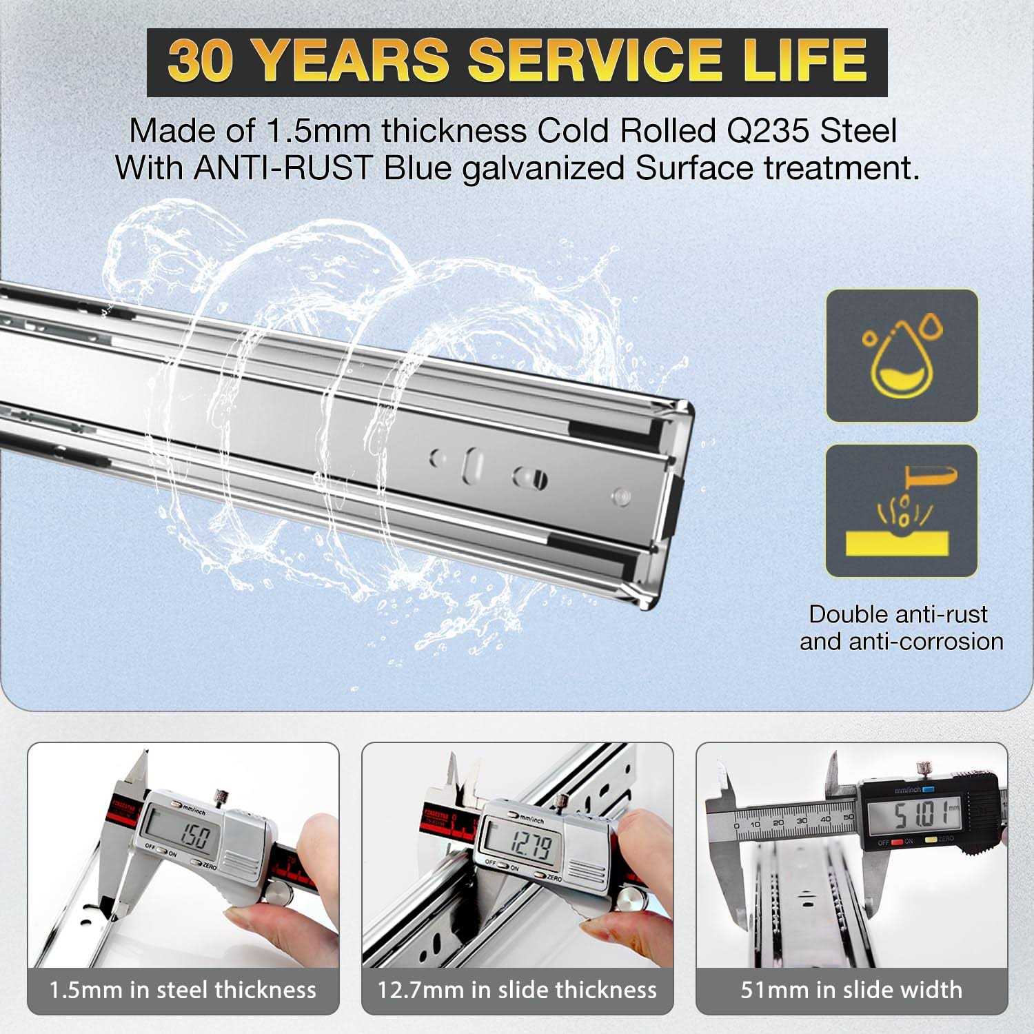 YENUO Heavy Duty Drawer Runners Slides with Lock 400 500 600 700 800 900 1000 Full Extension Ball Bearing Rails - MT - Mrs Treak