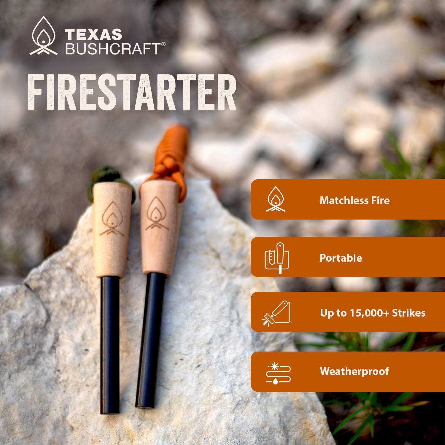 Texas Bushcraft Fire Starter 3/8 Thick Ferro Rod with Striker and Paracord Wrist Lanyard – Waterproof Flint Fire Steel Survival Lighter - MT - Mrs Treak
