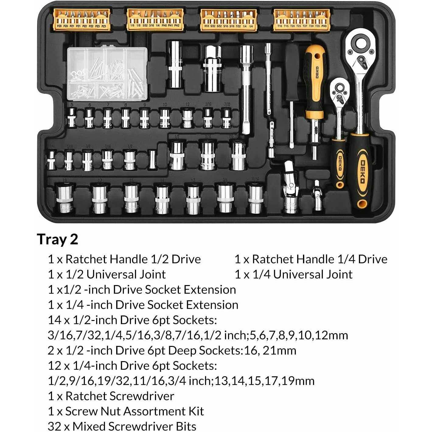 DEKOPRO 228 Piece Socket Wrench Auto Repair Tool Combination Package Mixed Tool Set Hand Tool Kit with Plastic Toolbox Storage Case - MT - Mrs Treak