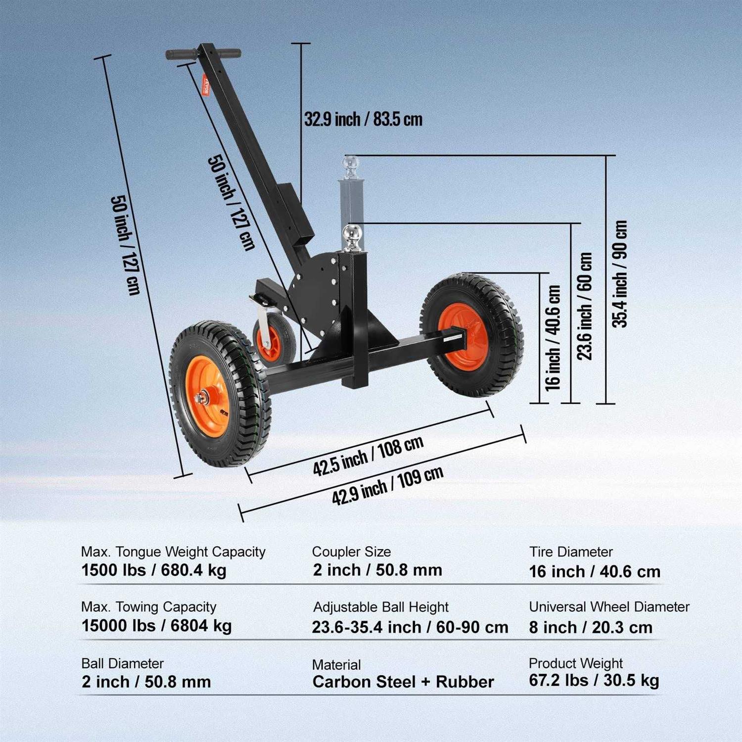 VEVOR Adjustable Trailer Dolly 1500lbs Tongue Weight Capacity 2 in 1 Trailer Mover with 23.6”-35.4” Adjustable Height & 2” Ball - MT - Mrs Treak