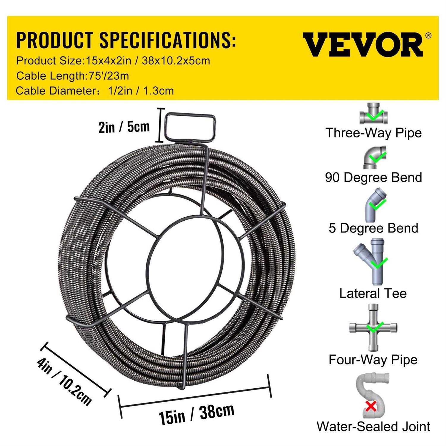 VEVOR Drain Cable Sewer Cable 50ft 3/8In Drain Cleaning Cable Auger Snake Pipe - MT - Mrs Treak