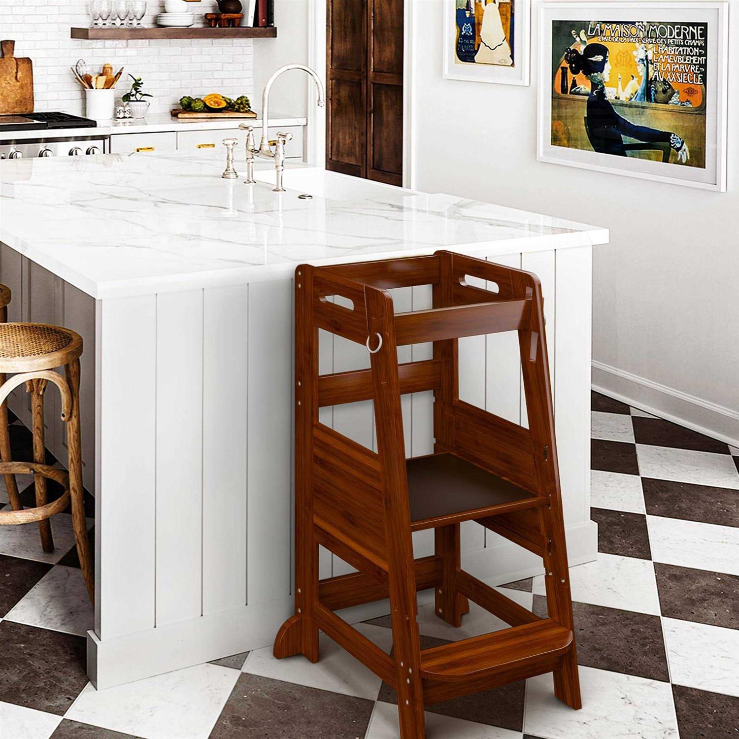 Toetol Bamboo Toddler Kitchen Step Stool white Helper Standing Tower Height adju - MT - Mrs Treak