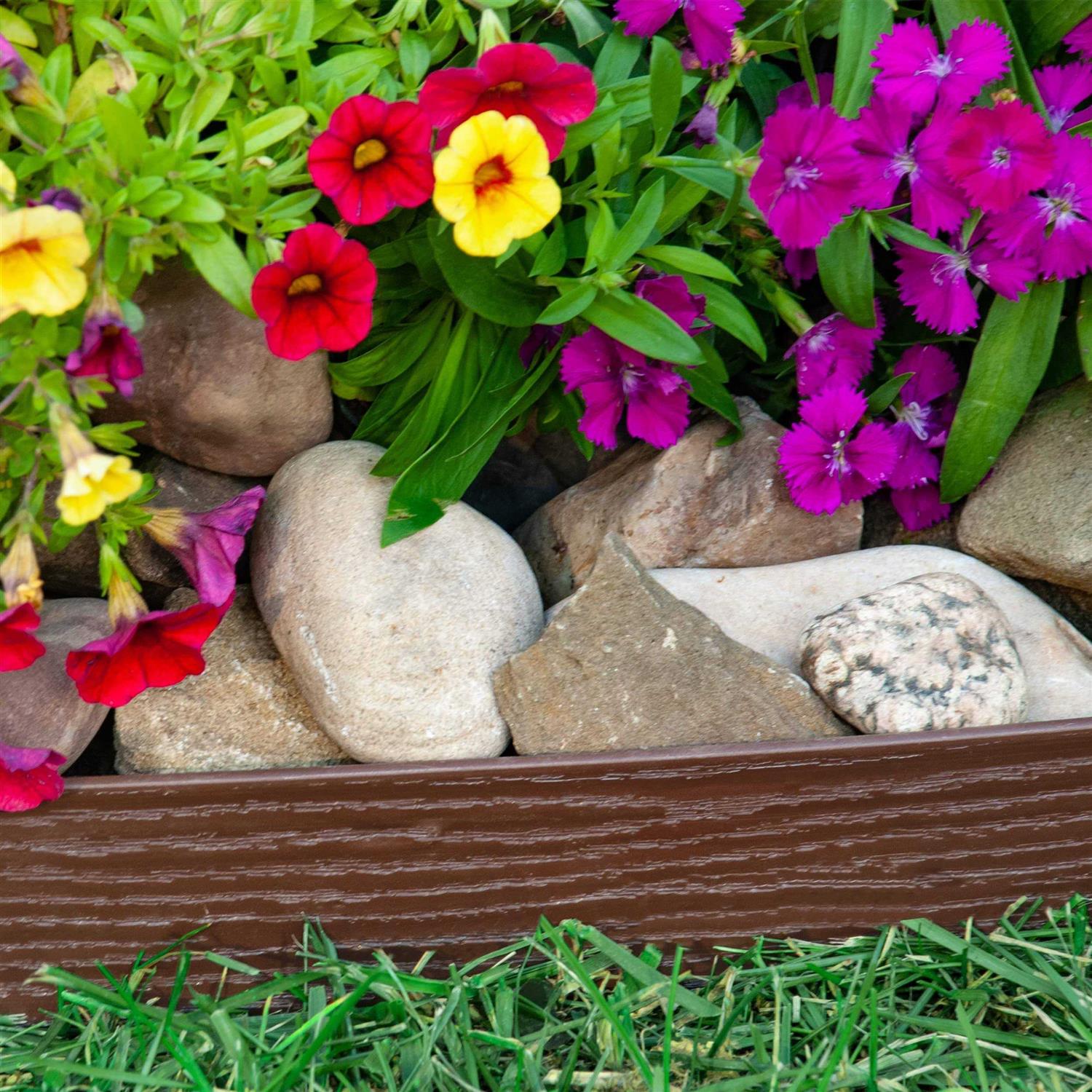 EasyFlex Tall Wall No-Dig Landscape Edging with Anchoring Spikes 2.5 in. Tall Straight Top Plastic Garden Border with Woodgrain Texture - MT - Mrs Treak