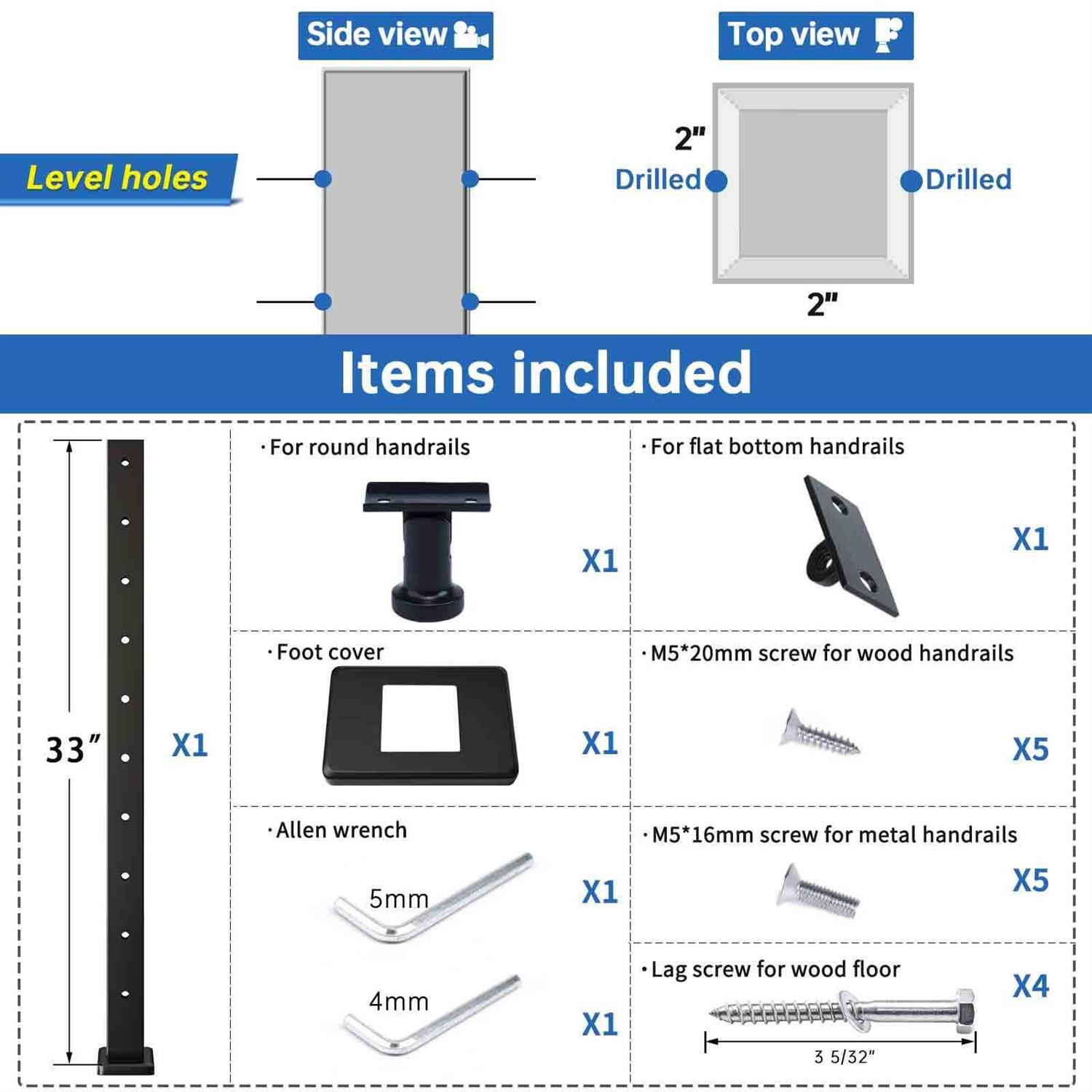 Muzata Level drilled Cable Railing Post 36x2x2 Adjustable Top Level Line Post Top Mount Stainless Steel - MT - Mrs Treak