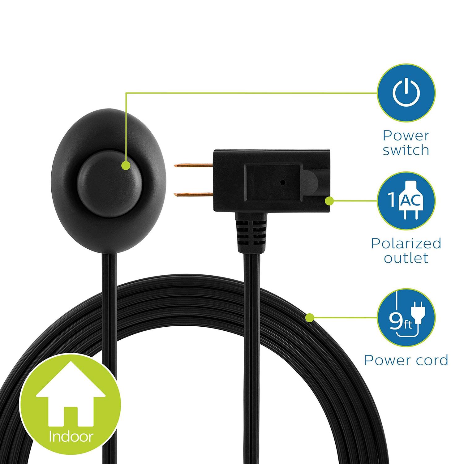 Philips Accessories Grounded Plug with Braided Cord, 6 Ft Long Power Cable, ON/Off Switch, for Tabletop or Wall Mount - MT - Mrs Treak