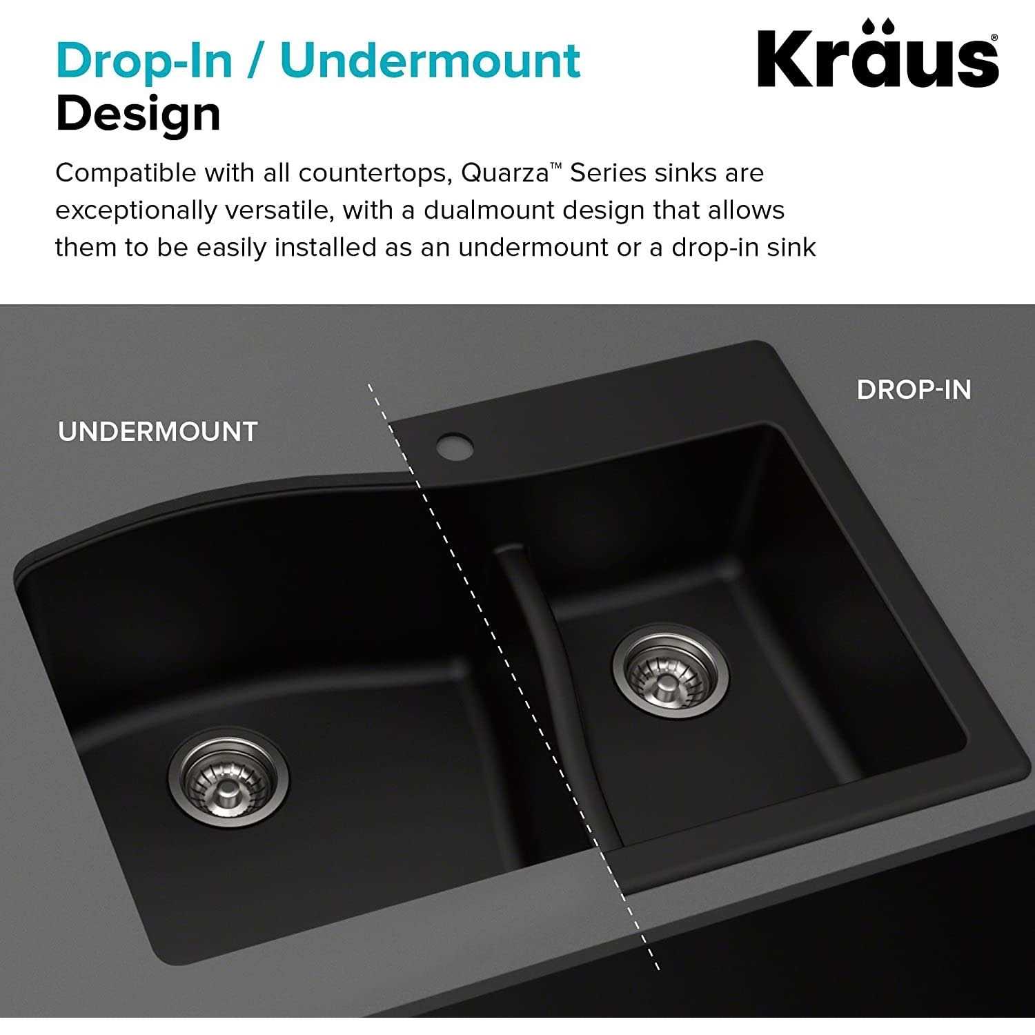 Kraus Quarza 33 Dual Mount 60/40 Double Bowl Granite Kitchen Sink KGD-442 - MT - Mrs Treak