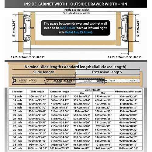 YENUO Heavy Duty Drawer Runners Slides with Lock 400 500 600 700 800 900 1000 Full Extension Ball Bearing Rails - MT - Mrs Treak